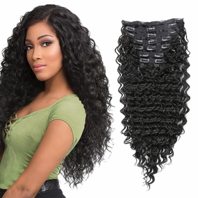 Synthetic Curly Clip in Hair Extensions Double Weft Full Head Deep Wave Hair Pieces Heat Resistance Thick Deep Wave Clip In 7 Pieces(24inches, #1B Natural Black)
