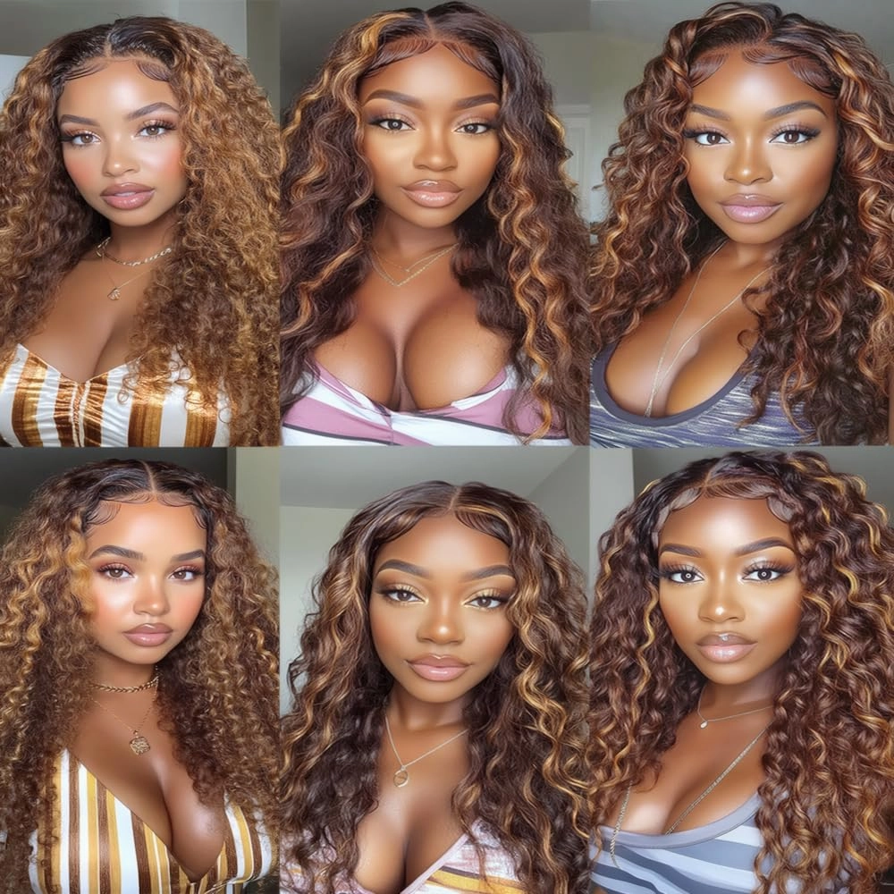 T1BP4/27 Highlight Kinky Curly Human Hair Bundles Ombre Honey Blonde and Brown Bundles Mixed Length 10 12 14 Inch Brazilian Virgin Human Hair 3 Tone Black Roots to Brown and Blonde