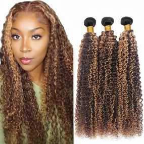 T1BP4/27 Highlight Kinky Curly Human Hair Bundles Ombre Honey Blonde and Brown Bundles Mixed Length 10 12 14 Inch Brazilian Virgin Human Hair 3 Tone Black Roots to Brown and Blonde