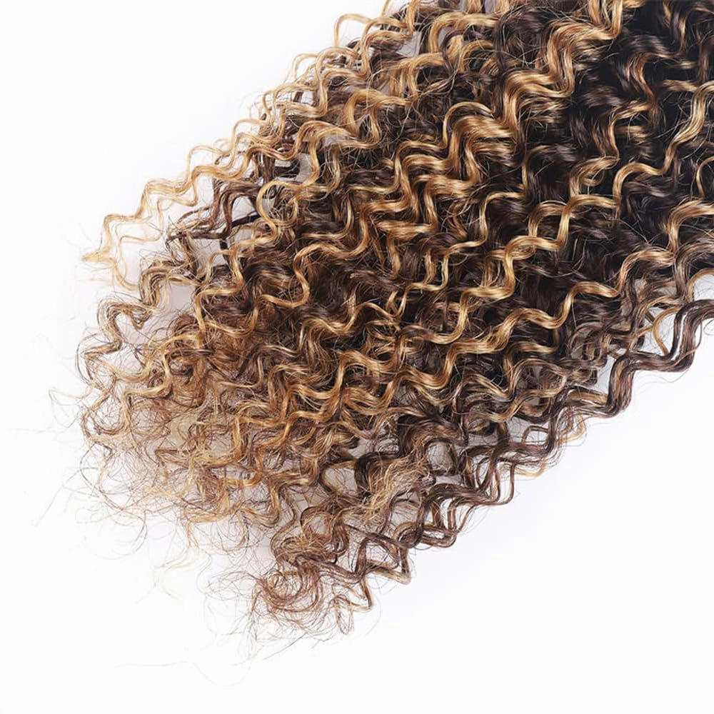 T1BP4/27 Highlight Kinky Curly Human Hair Bundles Ombre Honey Blonde and Brown Bundles Mixed Length 10 12 14 Inch Brazilian Virgin Human Hair 3 Tone Black Roots to Brown and Blonde