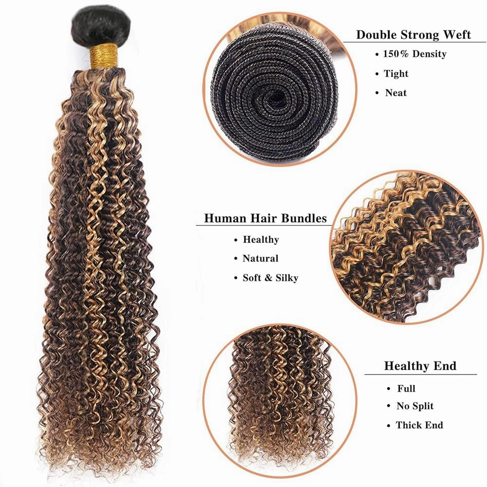 T1BP4/27 Highlight Kinky Curly Human Hair Bundles Ombre Honey Blonde and Brown Bundles Mixed Length 10 12 14 Inch Brazilian Virgin Human Hair 3 Tone Black Roots to Brown and Blonde