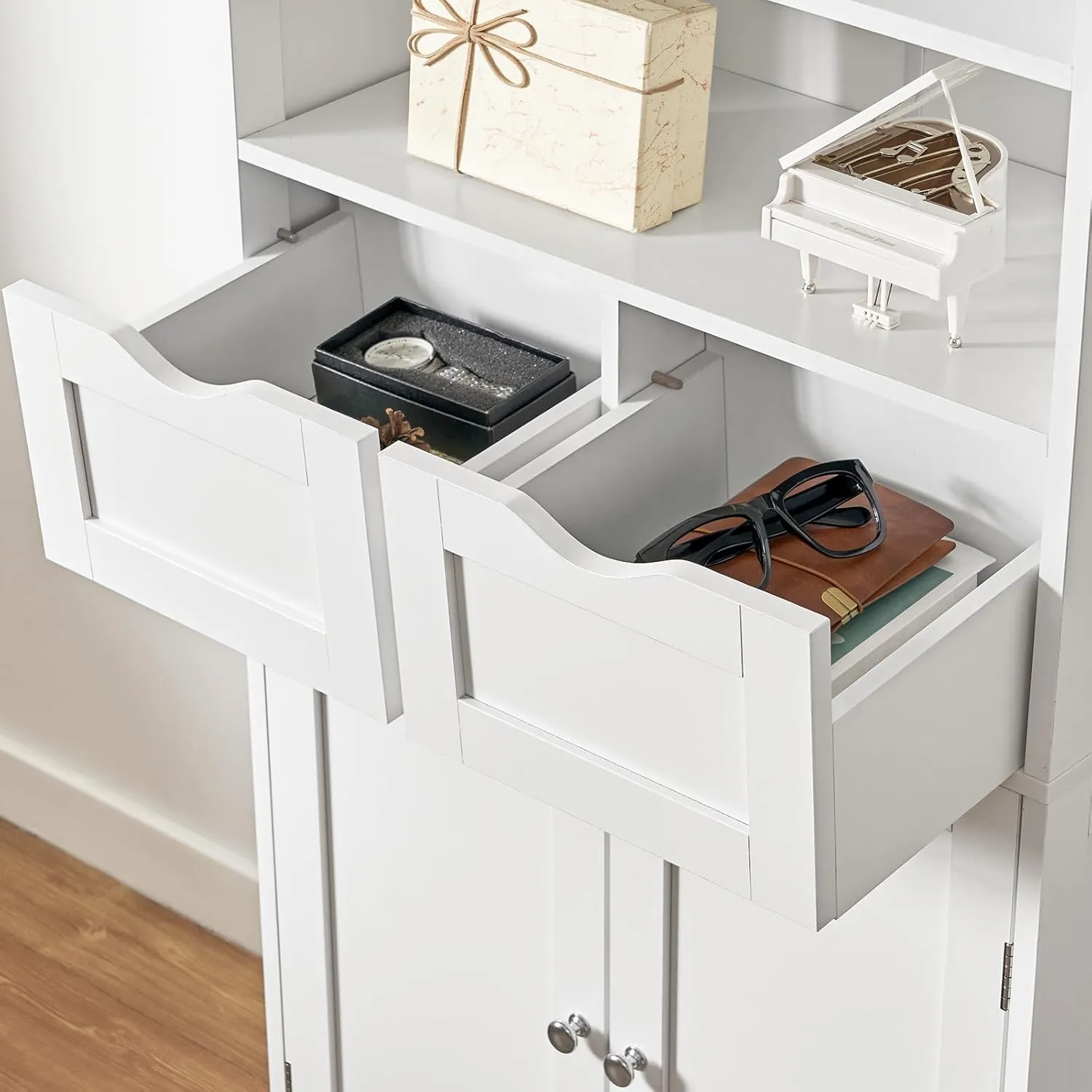 Tall Bathroom Floor Storage Cabinet, Bathroom Linen Storage Cabinet with Adjustable Shelf & 2 Drawers, Freestanding Cabinets for Living Room, Dining Room, Entryway, White