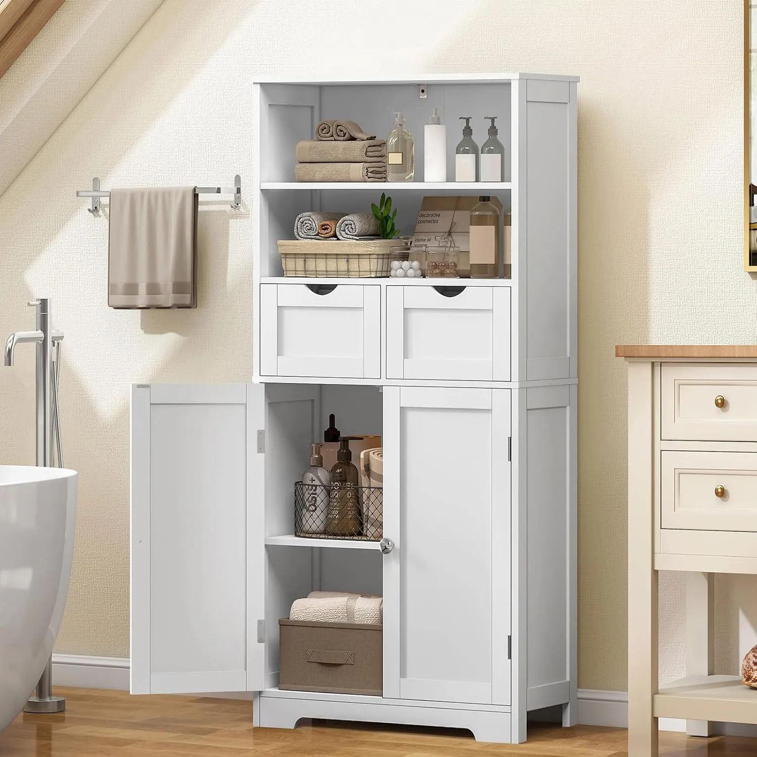 Tall Bathroom Floor Storage Cabinet, Bathroom Linen Storage Cabinet with Adjustable Shelf & 2 Drawers, Freestanding Cabinets for Living Room, Dining Room, Entryway, White