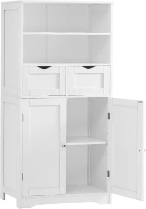 Tall Bathroom Floor Storage Cabinet, Bathroom Linen Storage Cabinet with Adjustable Shelf & 2 Drawers, Freestanding Cabinets for Living Room, Dining Room, Entryway, White