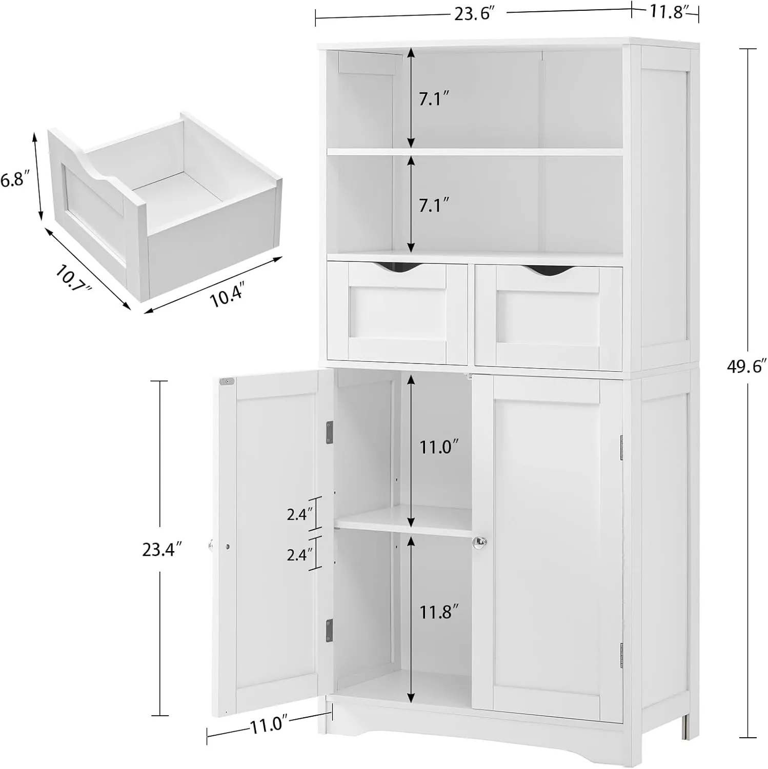 Tall Bathroom Floor Storage Cabinet, Bathroom Linen Storage Cabinet with Adjustable Shelf & 2 Drawers, Freestanding Cabinets for Living Room, Dining Room, Entryway, White