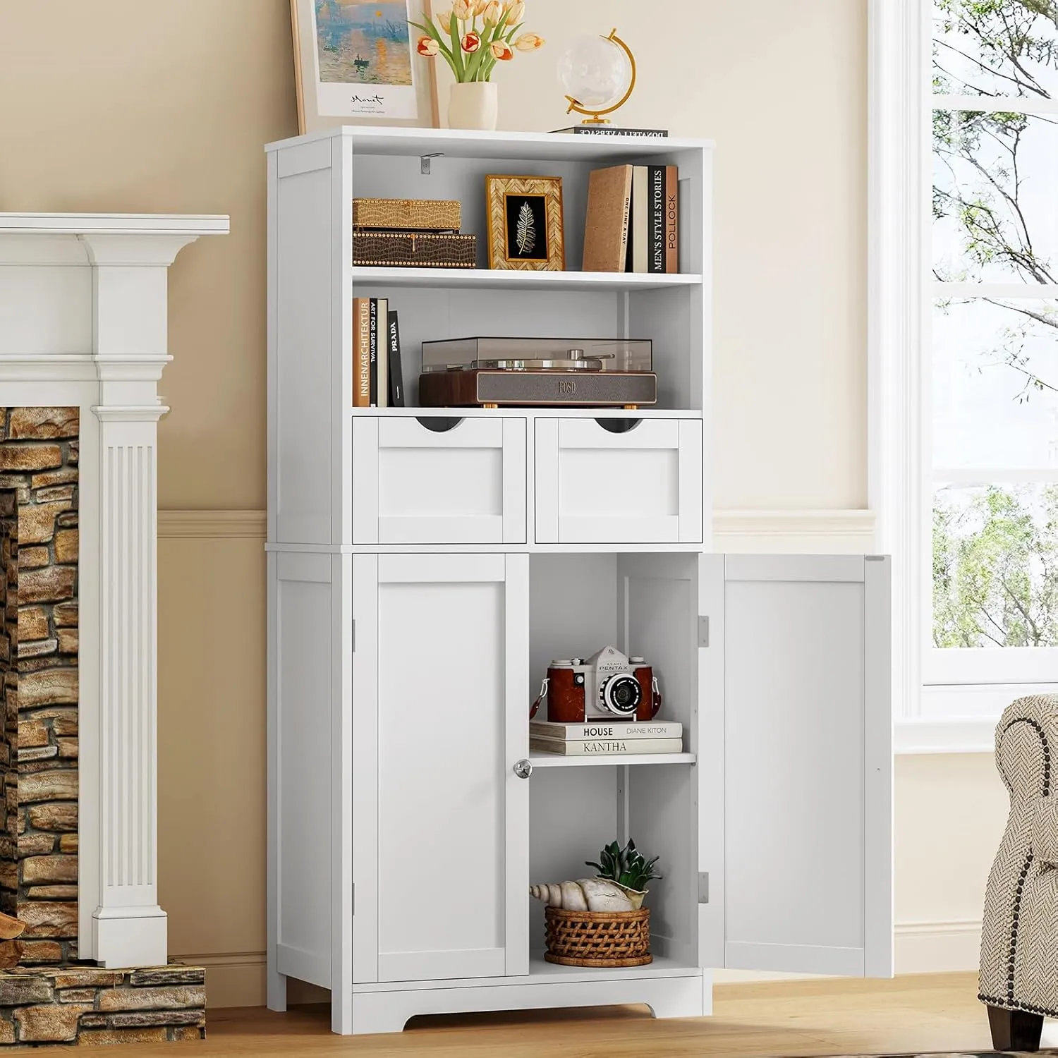 Tall Bathroom Floor Storage Cabinet, Bathroom Linen Storage Cabinet with Adjustable Shelf & 2 Drawers, Freestanding Cabinets for Living Room, Dining Room, Entryway, White