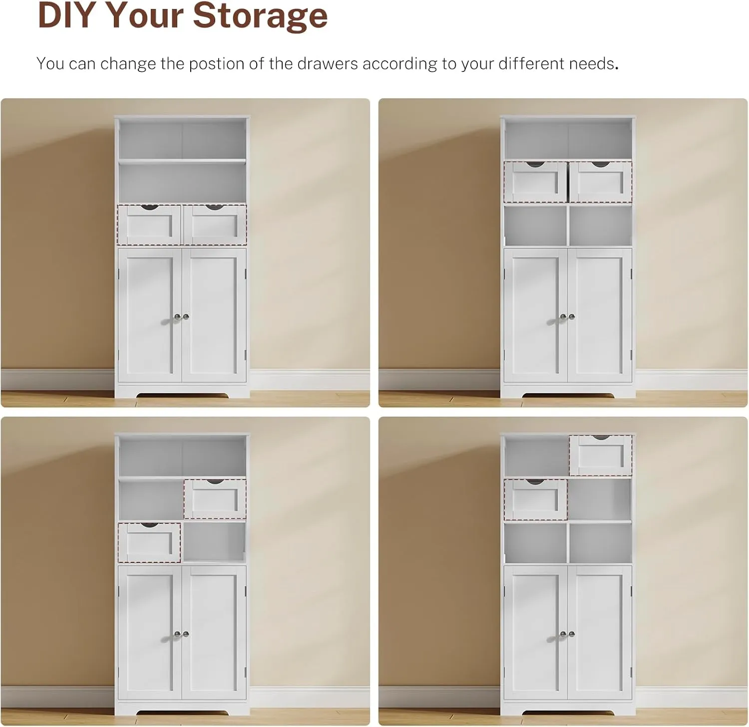 Tall Bathroom Floor Storage Cabinet, Bathroom Linen Storage Cabinet with Adjustable Shelf & 2 Drawers, Freestanding Cabinets for Living Room, Dining Room, Entryway, White