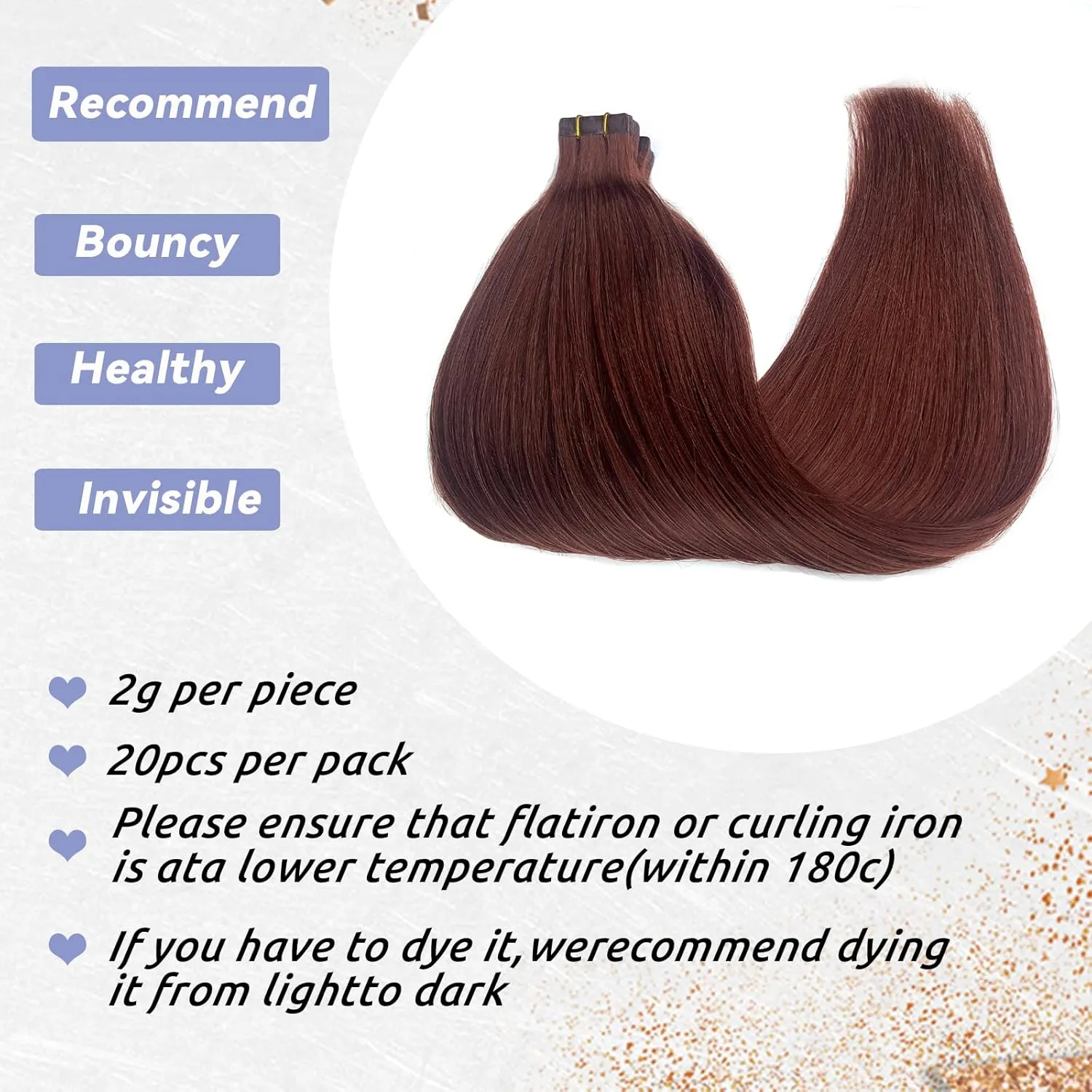 Tape in Hair Extensions Human Hair #33 Dark Auburn Seamless Skin Weft Tape in Hair Straight Real Hair Extensions Tape on 20PCS/30G Invisible Hair Extensions 16Inch Tape Glue in Extensions