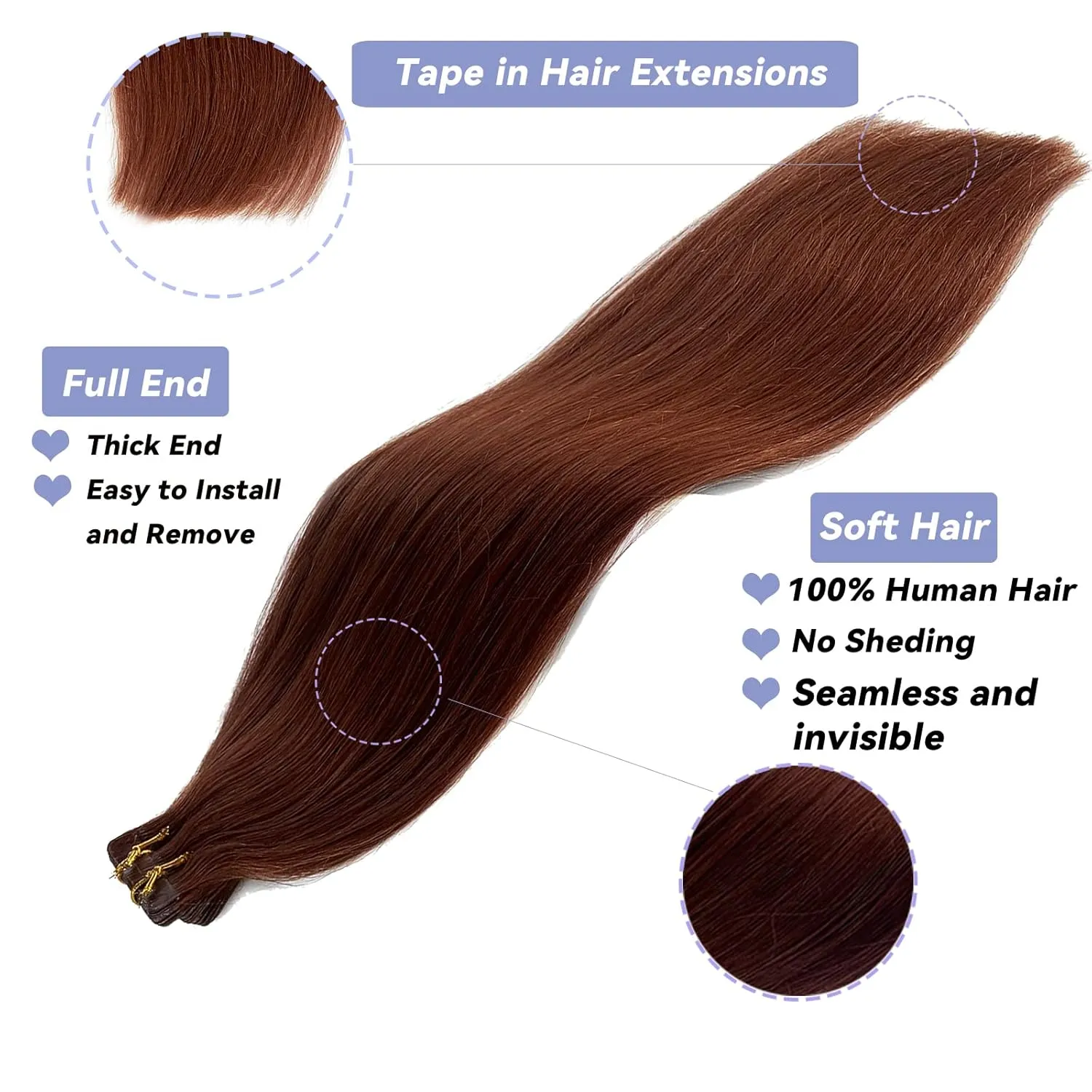 Tape in Hair Extensions Human Hair #33 Dark Auburn Seamless Skin Weft Tape in Hair Straight Real Hair Extensions Tape on 20PCS/30G Invisible Hair Extensions 16Inch Tape Glue in Extensions