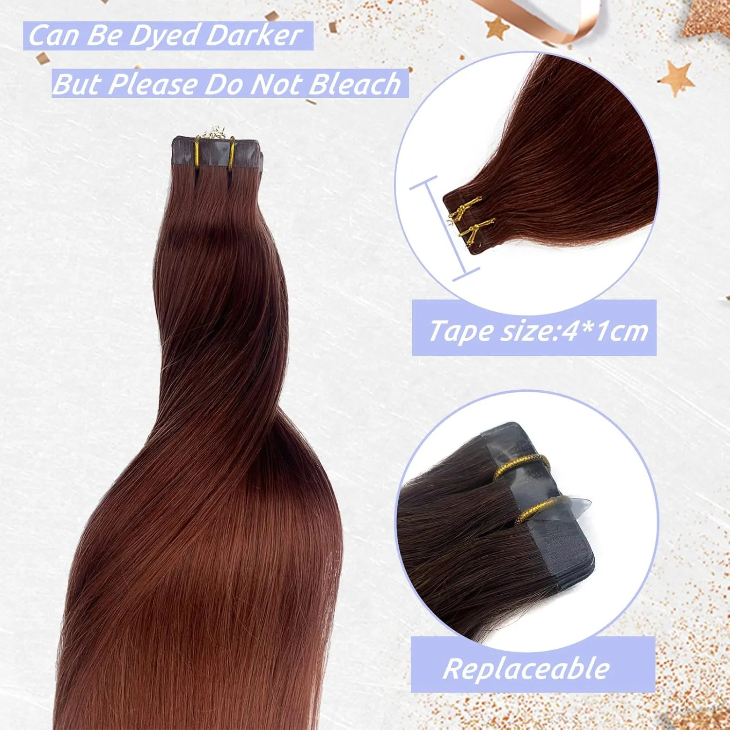 Tape in Hair Extensions Human Hair #33 Dark Auburn Seamless Skin Weft Tape in Hair Straight Real Hair Extensions Tape on 20PCS/30G Invisible Hair Extensions 16Inch Tape Glue in Extensions