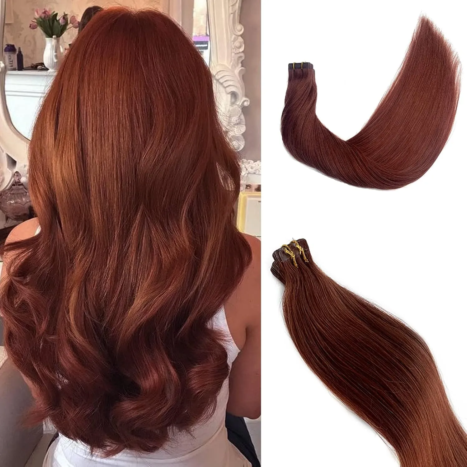 Tape in Hair Extensions Human Hair #33 Dark Auburn Seamless Skin Weft Tape in Hair Straight Real Hair Extensions Tape on 20PCS/30G Invisible Hair Extensions 16Inch Tape Glue in Extensions