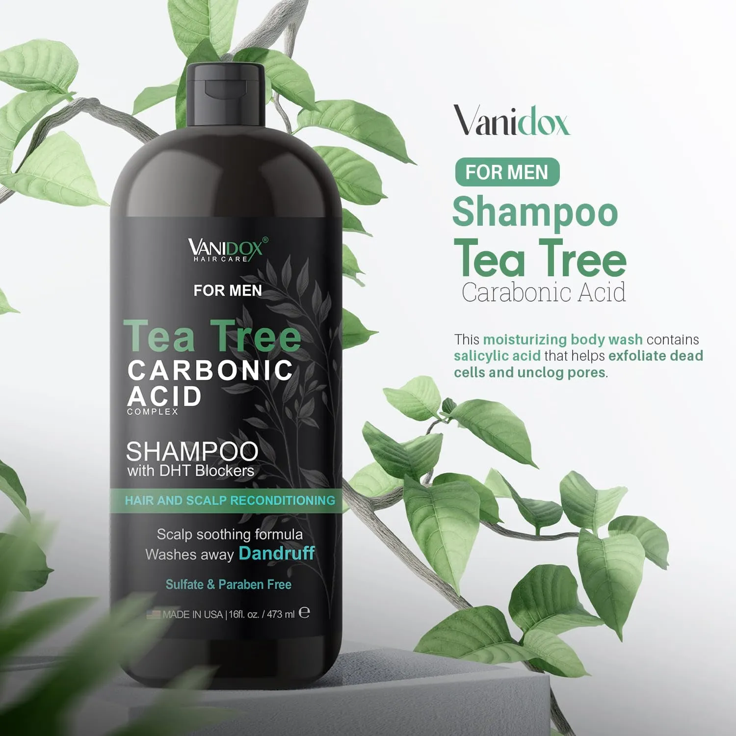 Tea Tree Shampoo with Organic Tea Tree Oil and Carbonic Acid - For Men's Itchy and Dry Scalp, Fights Hair Loss, Stimulates Growth - With DHT Blockers (16 FL Oz)