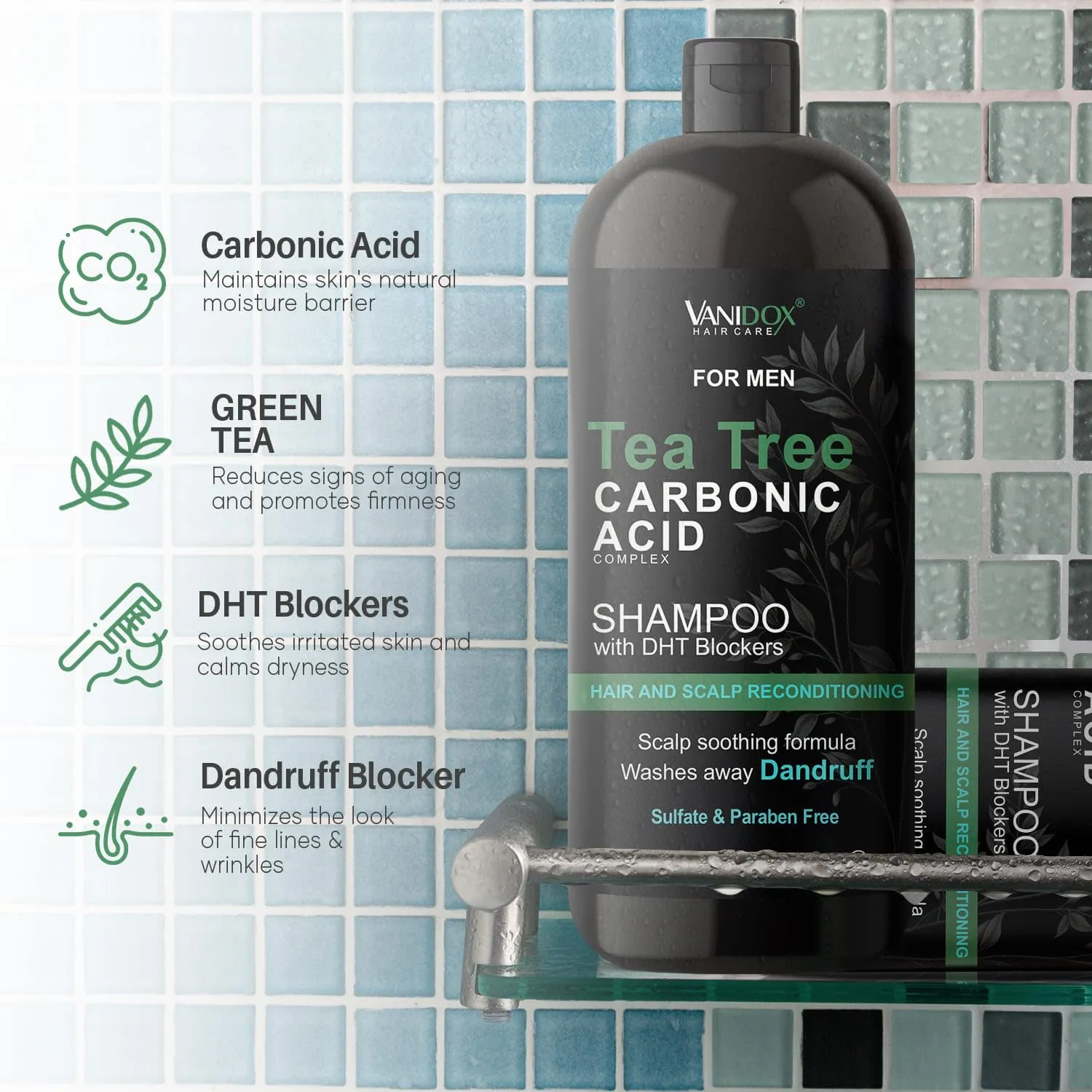 Tea Tree Shampoo with Organic Tea Tree Oil and Carbonic Acid - For Men's Itchy and Dry Scalp, Fights Hair Loss, Stimulates Growth - With DHT Blockers (16 FL Oz)
