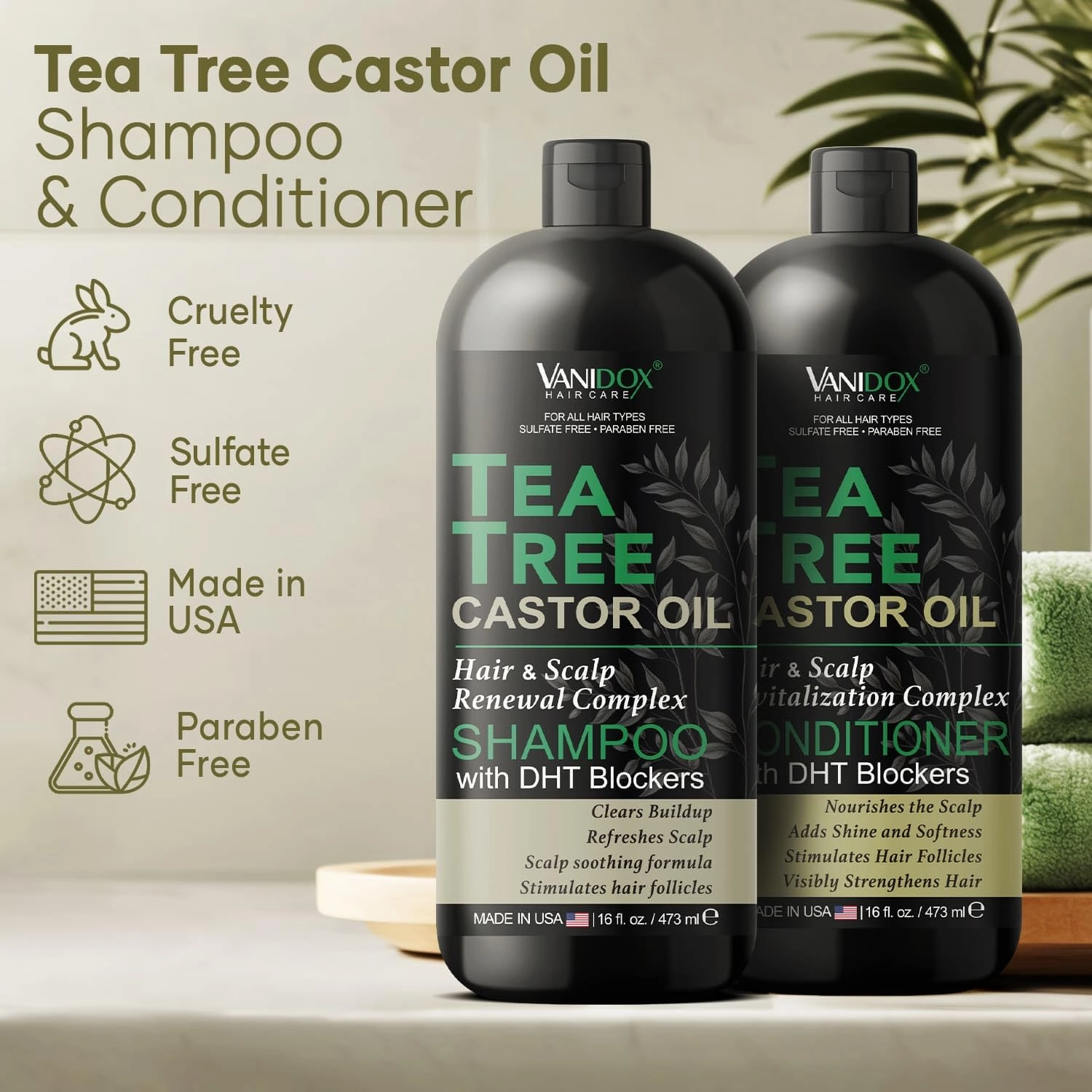 Tea Tree Shampoo and Conditioner Set With Castor Oil for Itchy and Dry Scalp - Sulfate and Paraben Free - 16 fl. oz. Each