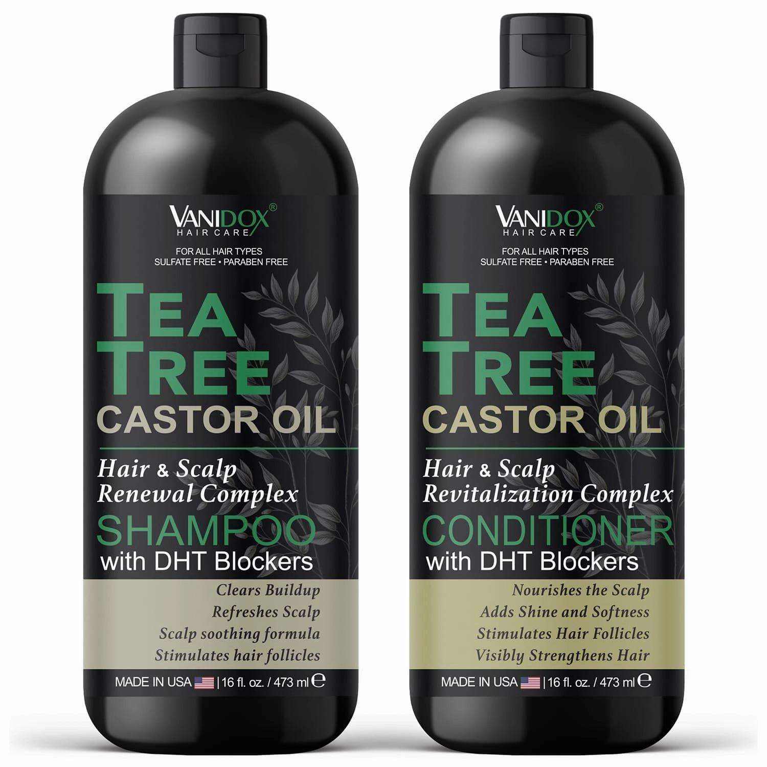 Tea Tree Shampoo and Conditioner Set With Castor Oil for Itchy and Dry Scalp - Sulfate and Paraben Free - 16 fl. oz. Each