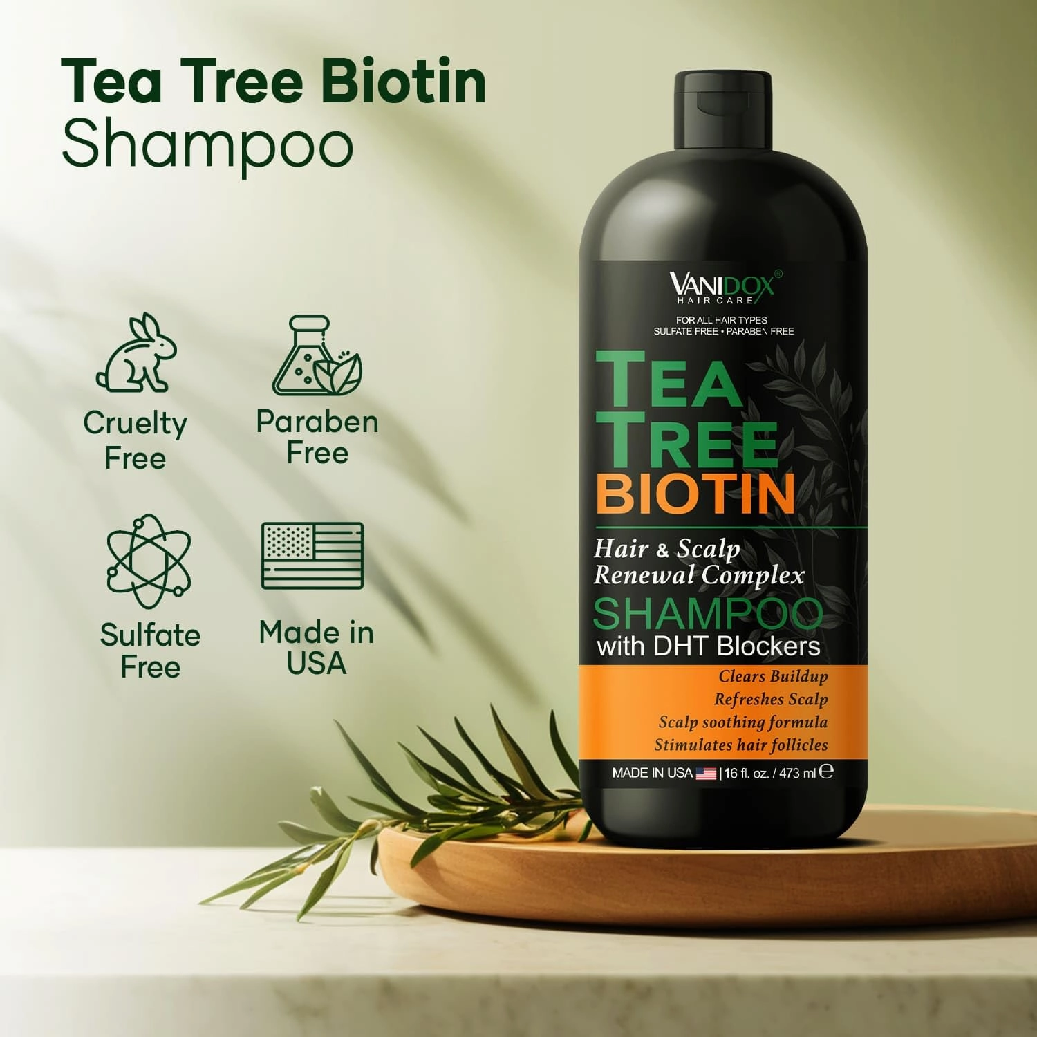 Tea Tree Shampoo with Biotin and 100% Pure Tea Tree Oil for Itchy and Dry Scalp - Sulfate and Paraben Free - Tea Tree Oil Shampoo - 16 fl. oz.