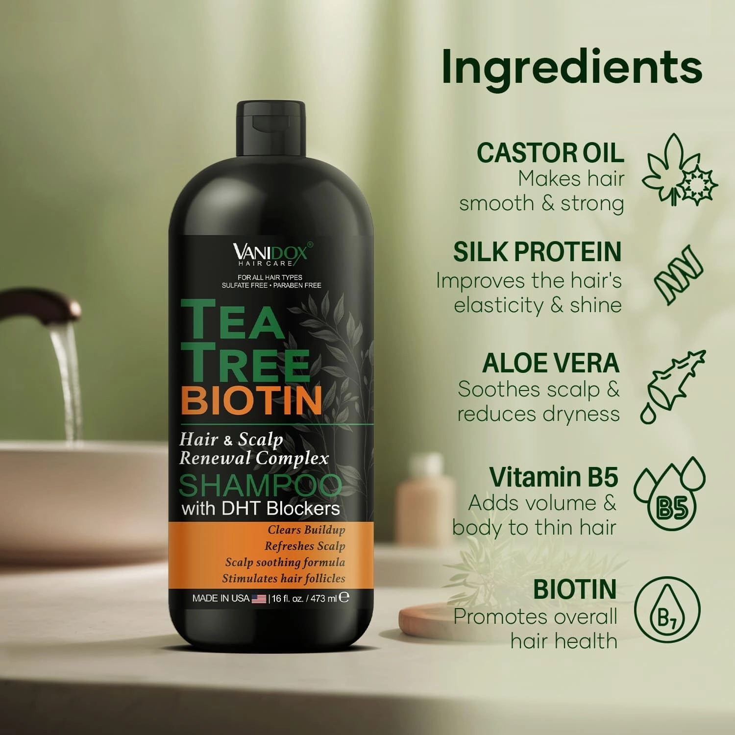 Tea Tree Shampoo with Biotin and 100% Pure Tea Tree Oil for Itchy and Dry Scalp - Sulfate and Paraben Free - Tea Tree Oil Shampoo - 16 fl. oz.
