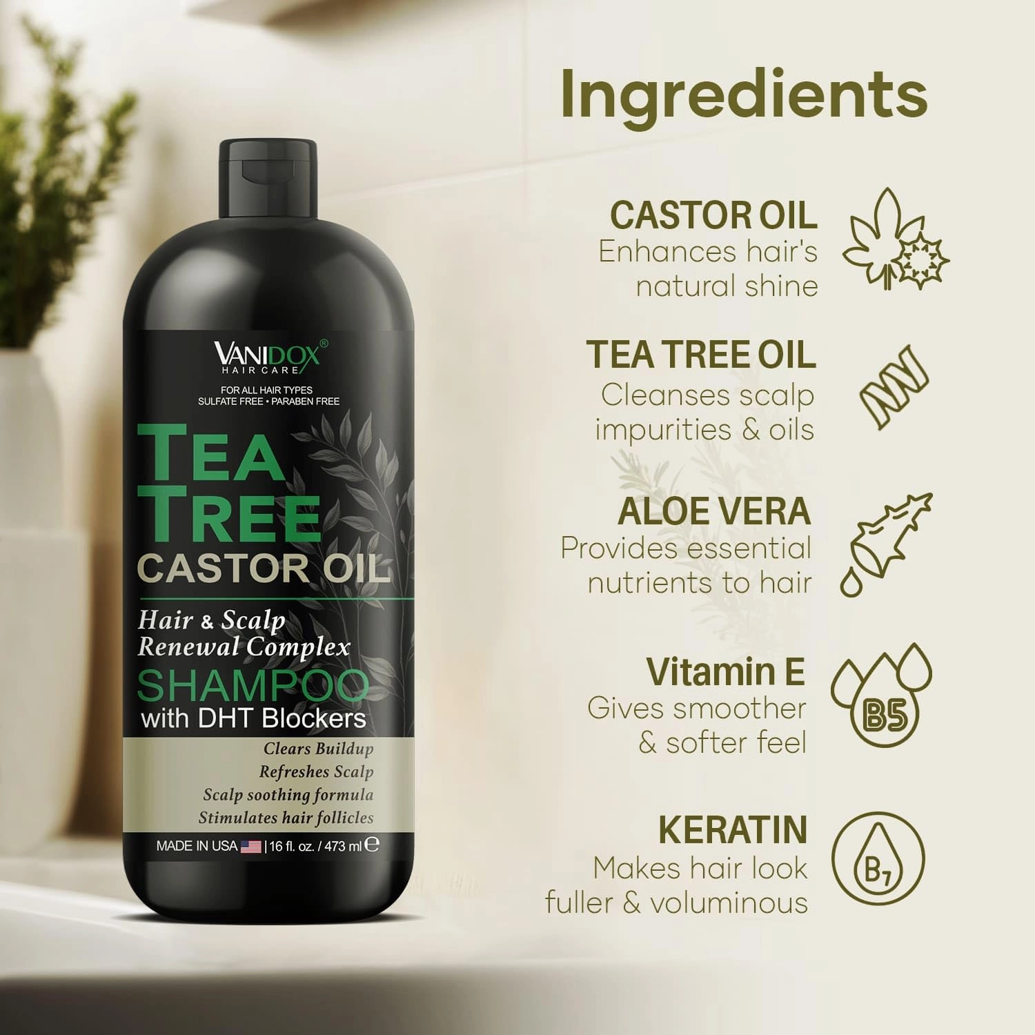 Tea Tree Shampoo with Castor Oil and 100% Pure Tea Tree Oil for Itchy and Dry Scalp - Sulfate and Paraben Free, Tea Tree Oil Shampoo - 16 fl. oz.