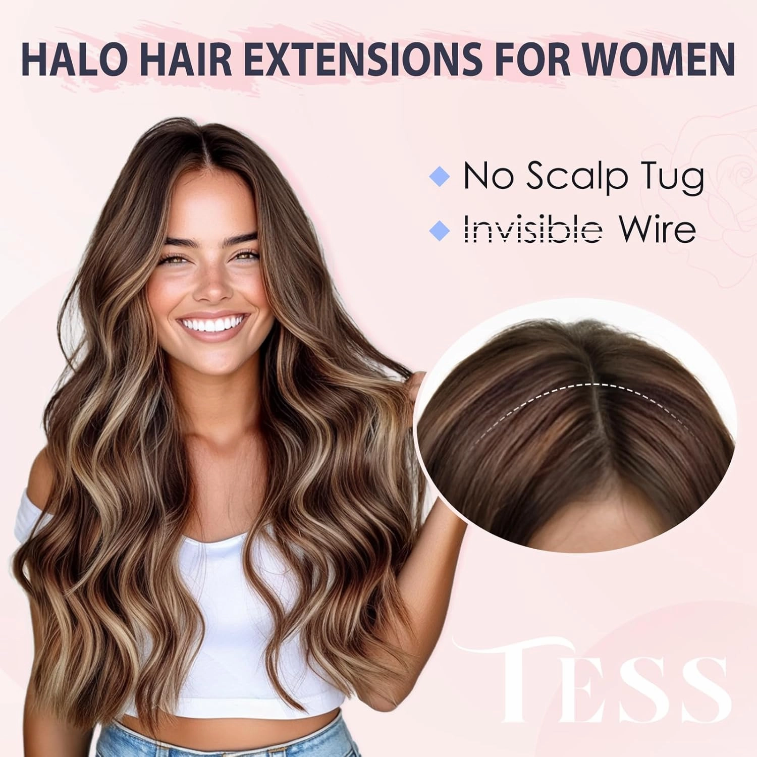 TESS Human Hair Halo Extensions 100% Remy Hair 16 Inch Straight Adjustable Invisible Wire Easy to Use Clip in, Dark Linen