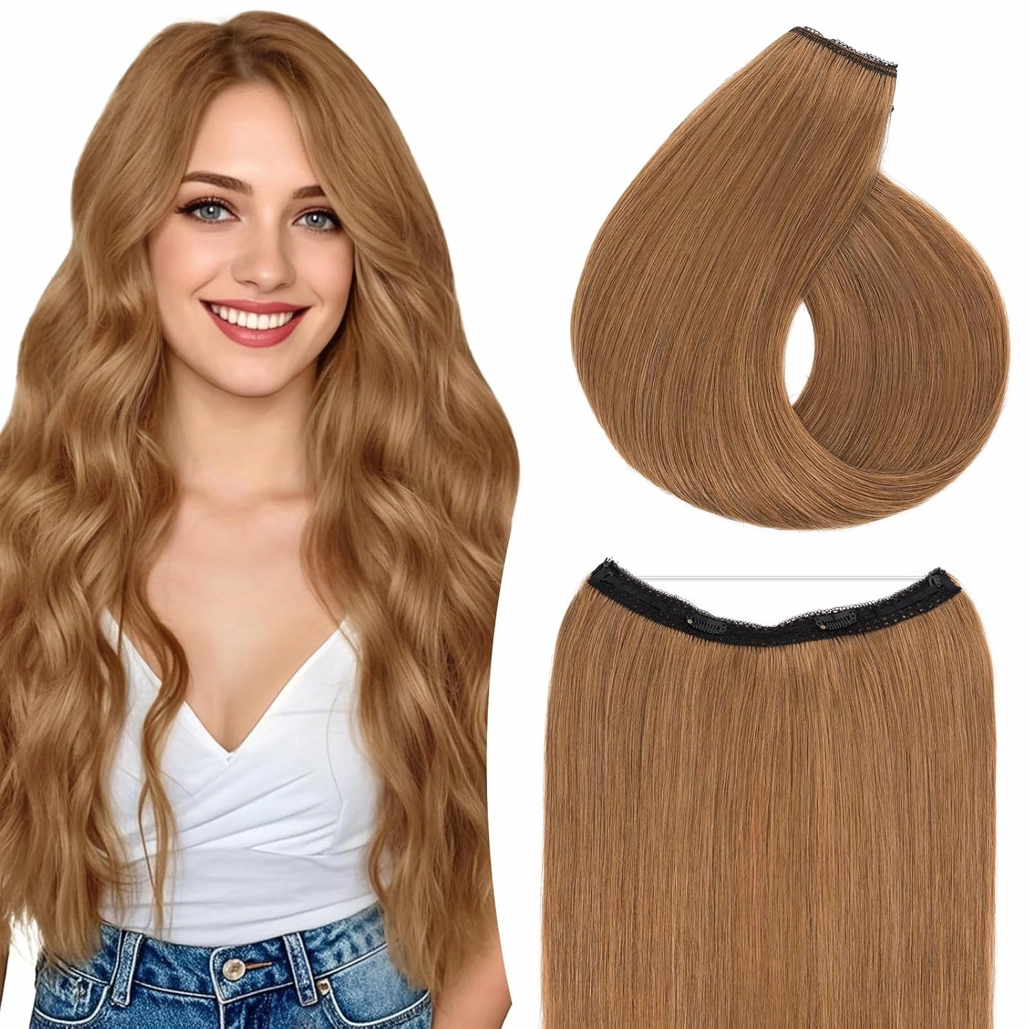 TESS Human Hair Halo Extensions 100% Remy Hair 16 Inch Straight Adjustable Invisible Wire Easy to Use Clip in, Dark Linen