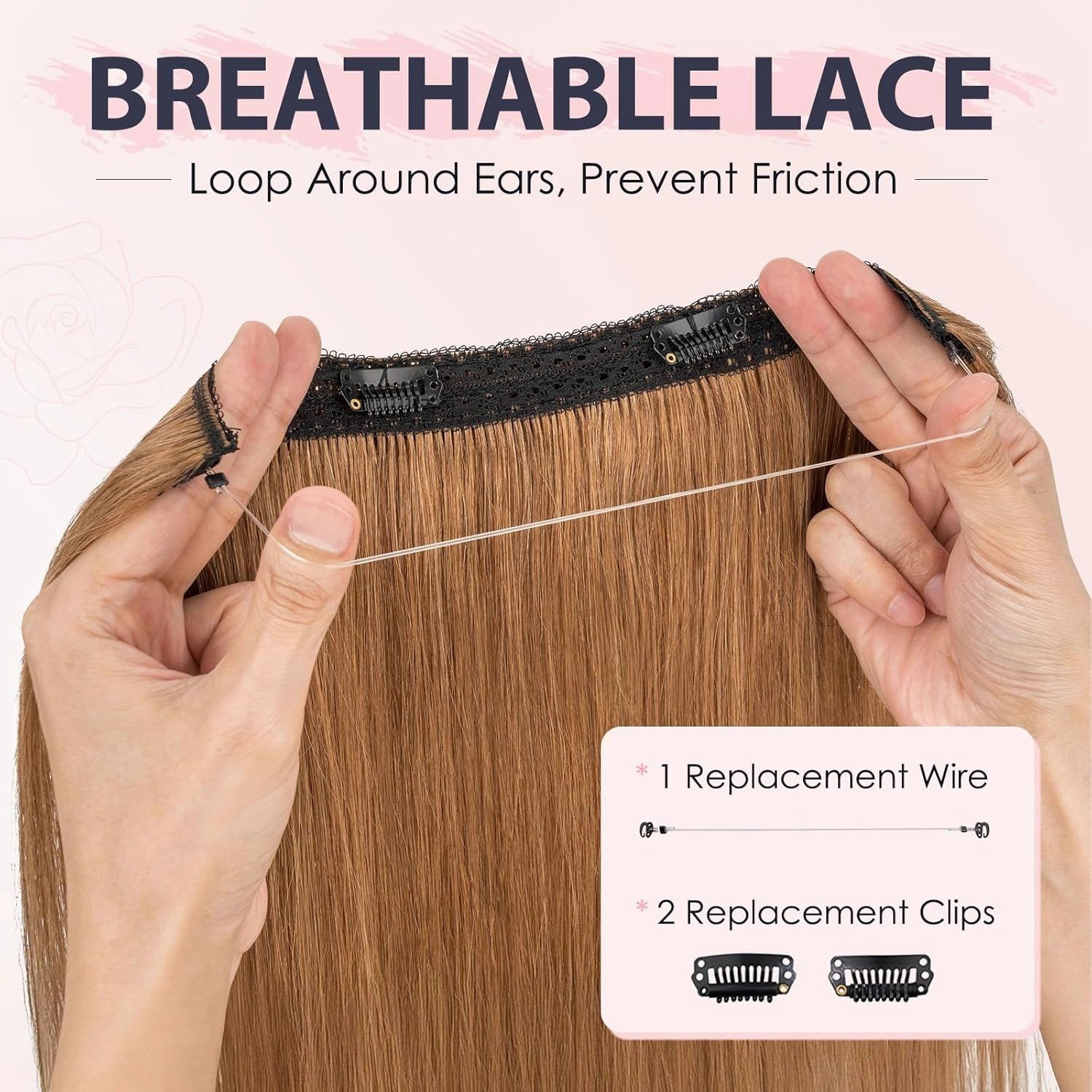 TESS Human Hair Halo Extensions 100% Remy Hair 16 Inch Straight Adjustable Invisible Wire Easy to Use Clip in, Dark Linen