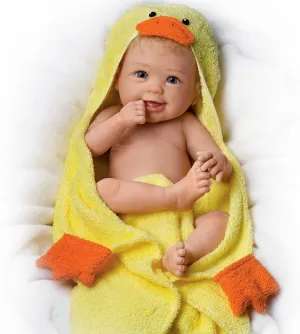 The Ashton-Drake Galleries Rub-a-Dub-Dub Reborn Baby Doll by Linda Murray, 17.5 inches, Washable with Duck Towel and Bath Accessories, Lifelike Baby Doll with Hand-Rooted Hair