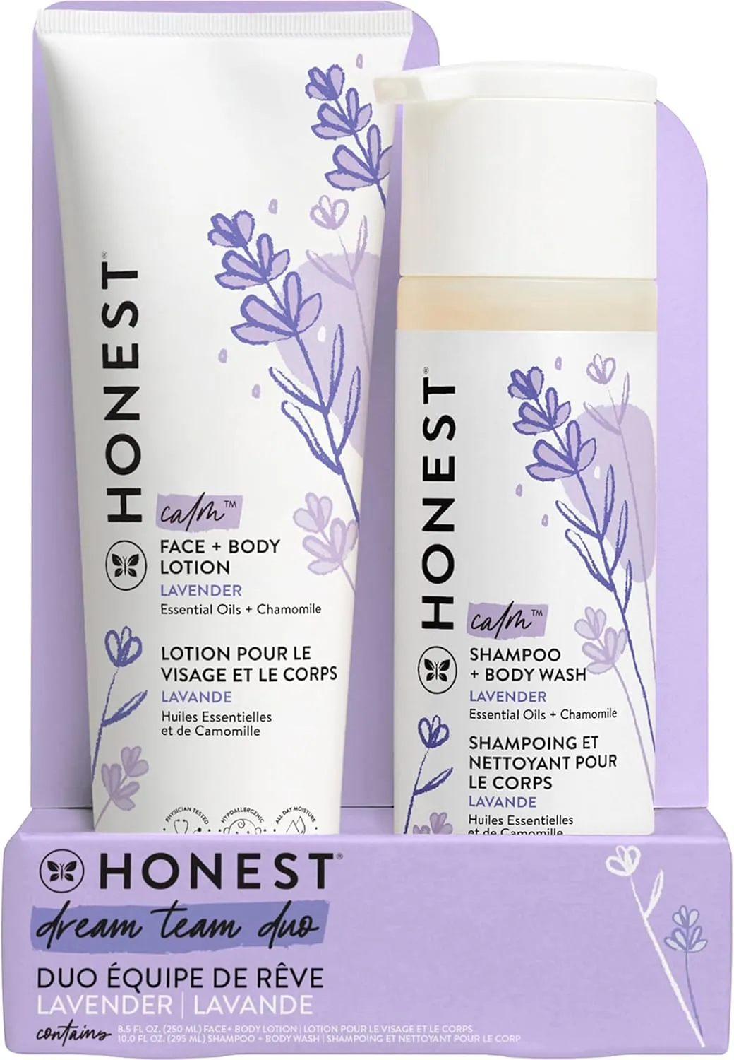 The Honest Company 2-in-1 Cleansing Shampoo   Body Wash and Face   Body Lotion Bundle | Gentle for Baby | Naturally Derived | Lavender Calm, 18.5 fl oz