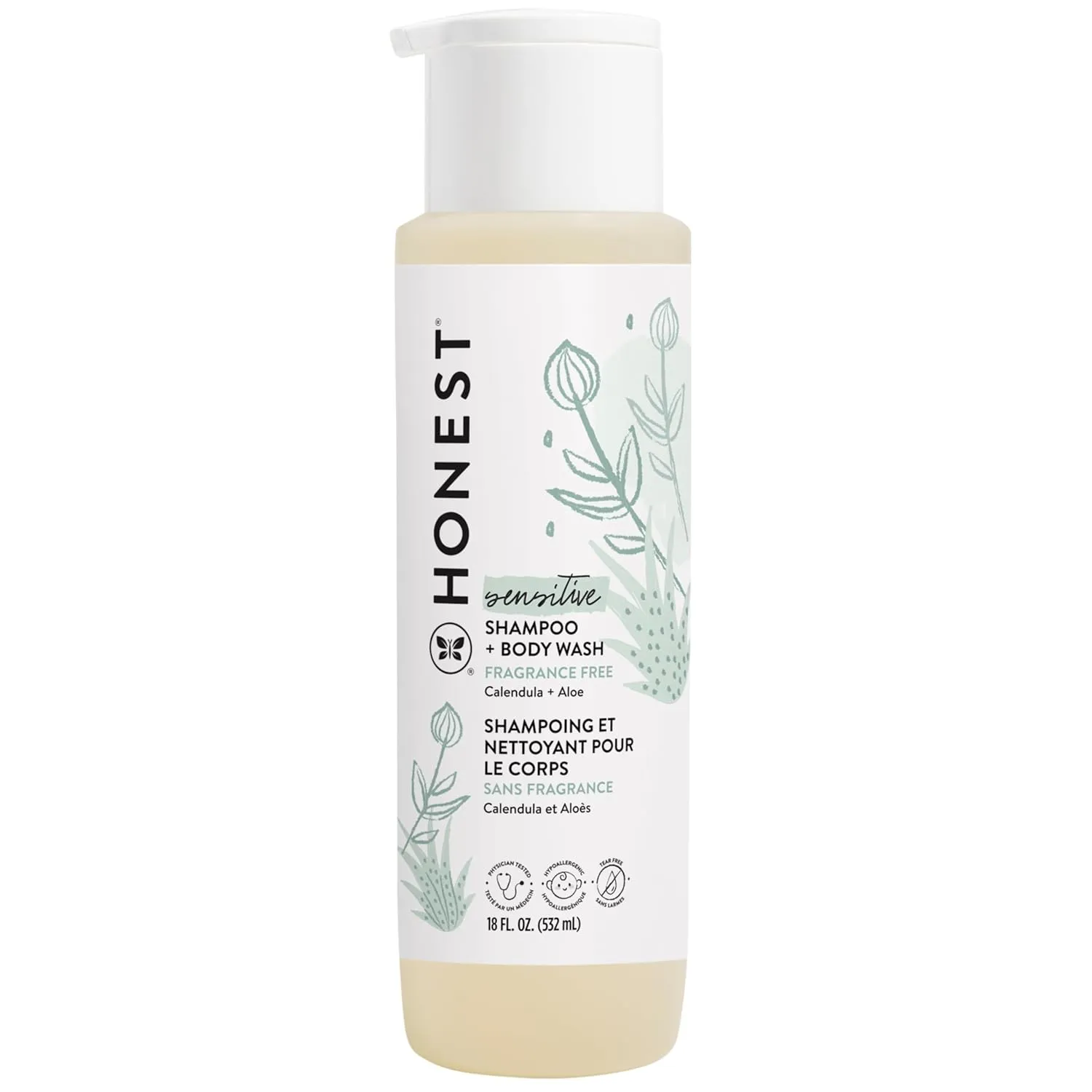 The Honest Company 2-in-1 Cleansing Shampoo   Body Wash for Sensitive Skin | Gentle for Baby | Naturally Derived, Tear-free, Hypoallergenic | Fragrance Free, 18 fl oz