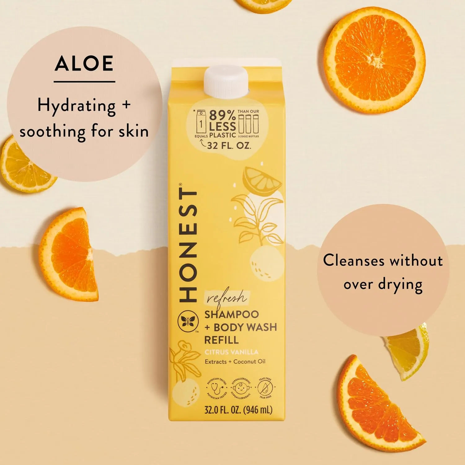 The Honest Company 2-in-1 Cleansing Shampoo   Body Wash Refill Carton | Gentle for Baby | Naturally Derived, Tear-free, Hypoallergenic | Citrus Vanilla Refresh, 32 fl oz