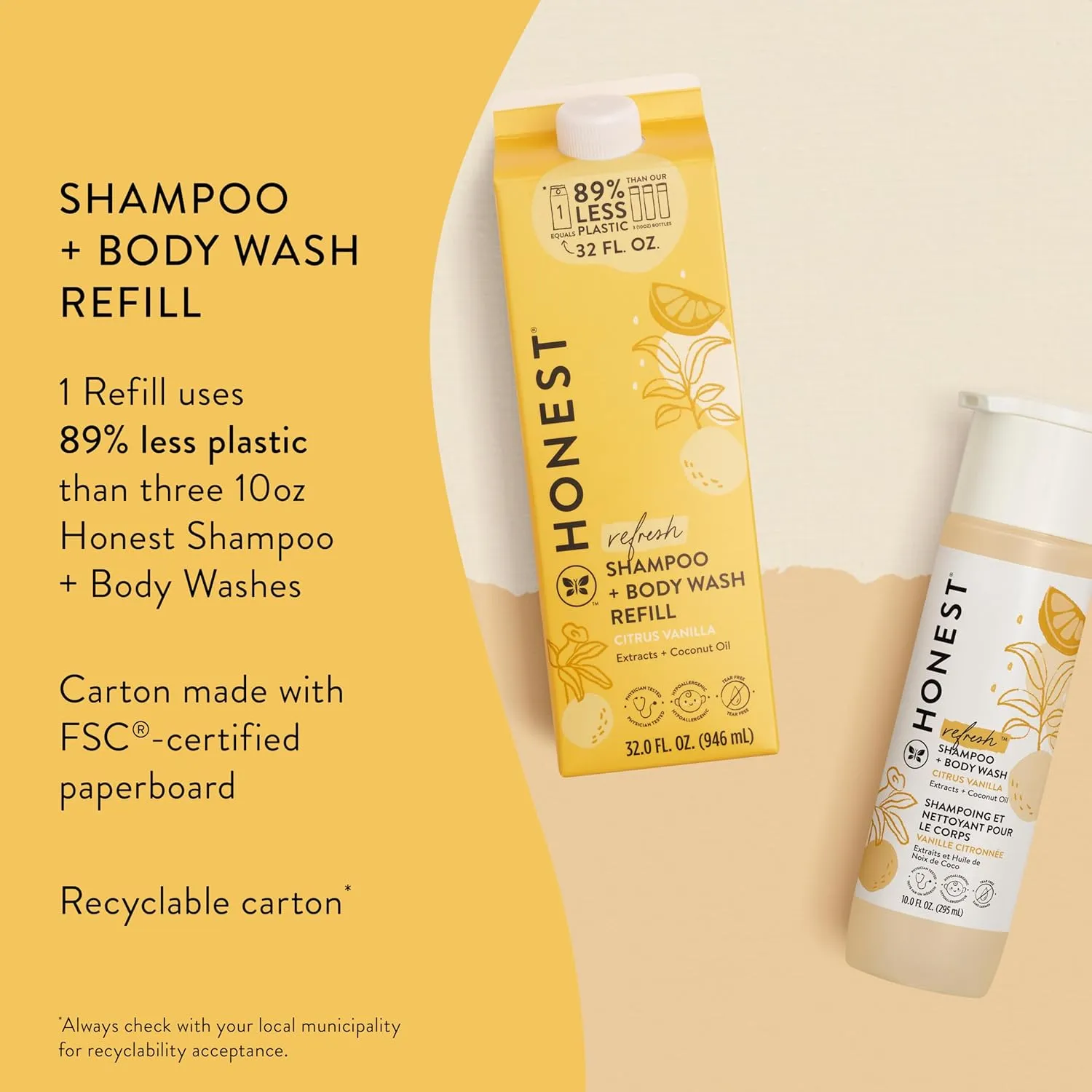 The Honest Company 2-in-1 Cleansing Shampoo   Body Wash Refill Carton | Gentle for Baby | Naturally Derived, Tear-free, Hypoallergenic | Citrus Vanilla Refresh, 32 fl oz