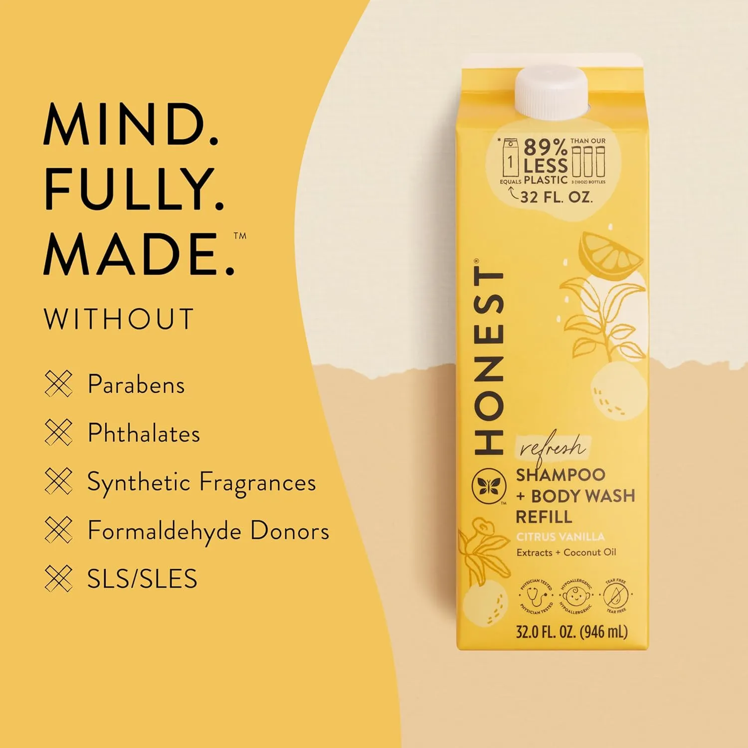 The Honest Company 2-in-1 Cleansing Shampoo   Body Wash Refill Carton | Gentle for Baby | Naturally Derived, Tear-free, Hypoallergenic | Citrus Vanilla Refresh, 32 fl oz
