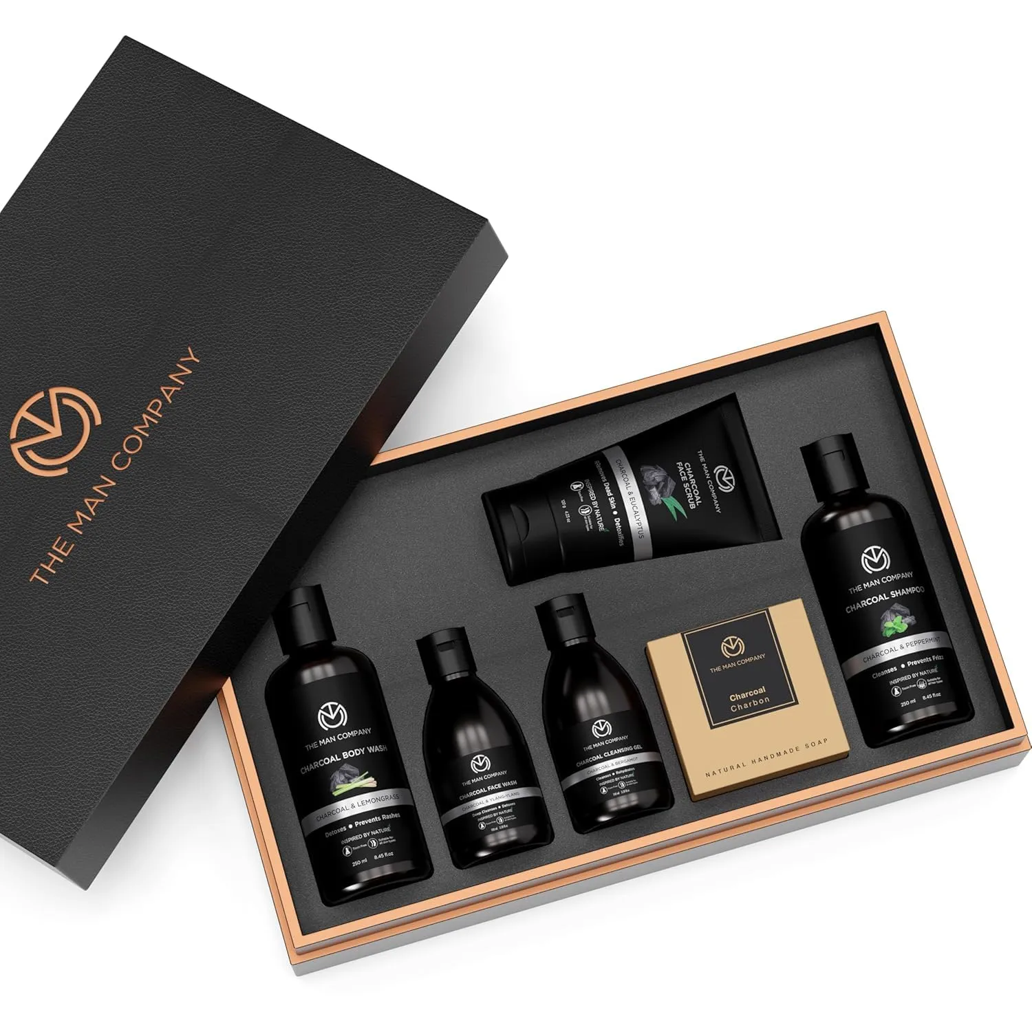 Th.e M.an Company Charcoal Grooming Kit for Men with Body Wash, Hair Shampoo, Face Scrub, Face Wash, Cleansing Gel, Soap Bar - Pack of 6