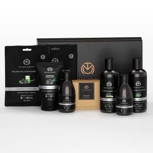 The Man Company Ultimate Charcoal Detan Kit with Elegant Gift Box | Charcoal Body wash, Shampoo, Face Scrub, Face wash, Charcoal Soap, Cleansing gel, Charcoal Sheet mask*2 (Set of 8)