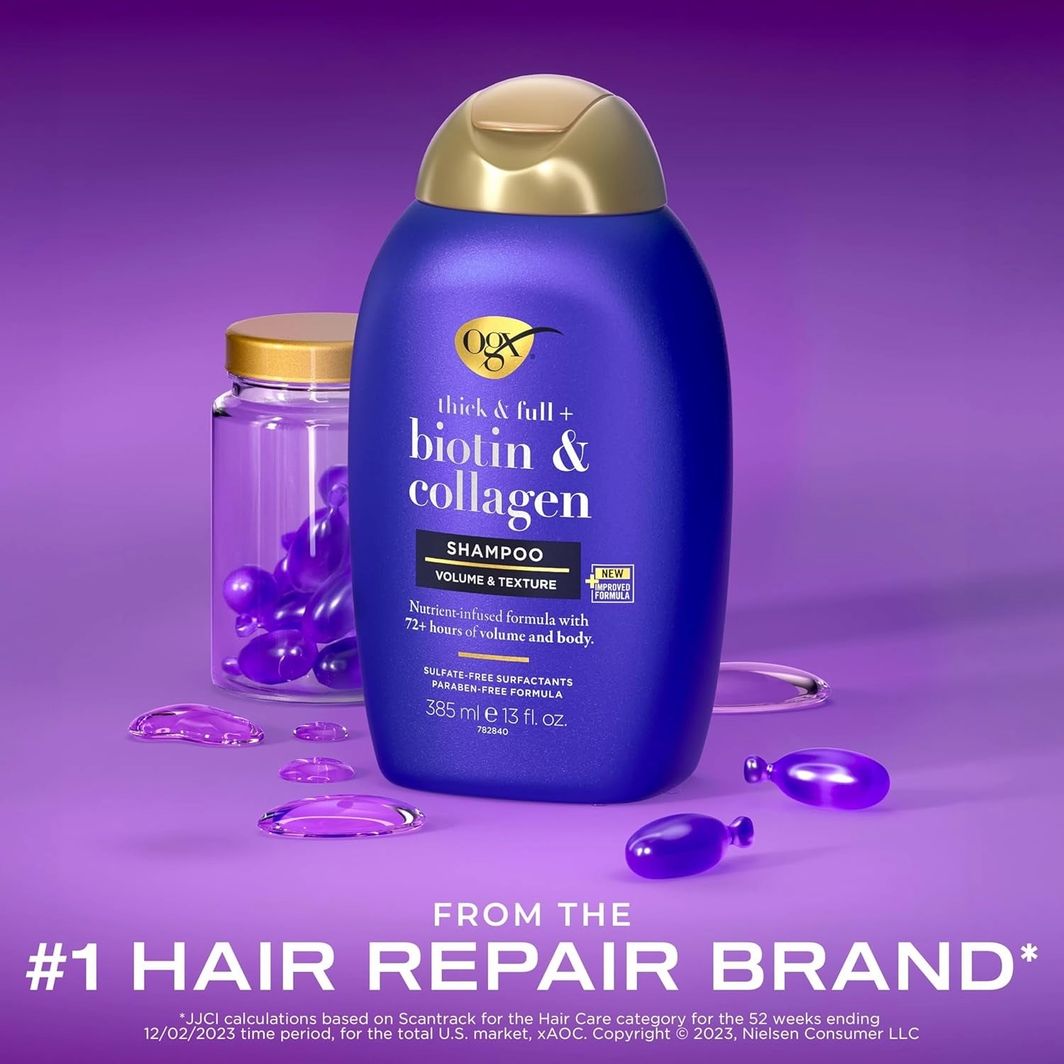 Thick & Full   Biotin & Collagen Volumizing Shampoo, Nutrient-Infused Hair Shampoo with Vitamin B7 Biotin Gives Hair Volume & Body for 72  Hours, Sulfate-Free Surfactants, 13 Fl. Oz