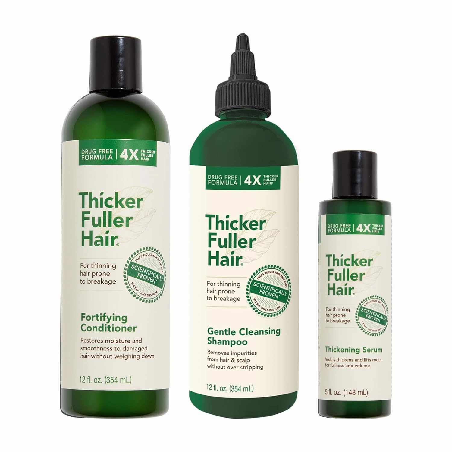 Thicker Fuller Hair Set - Cleansing Shampoo - Fortifying Conditioner - Thickening Serum - Gentle Shampoo Formula - Hair Smoothing Conditioner - Fights Breakage - 3 pc