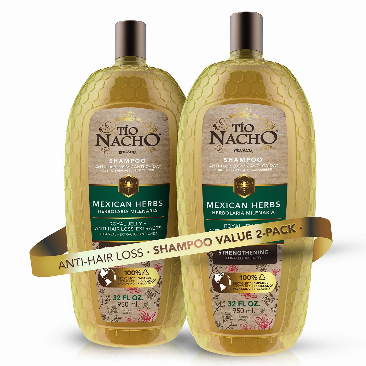 Tio Nacho Mexican Herbs Shampoo, Strengthening Hair Care with Royal Jelly, Ginseng, Wheat, and Jojoba Oil, Honey Scented, 32 fl oz (Pack of 2),