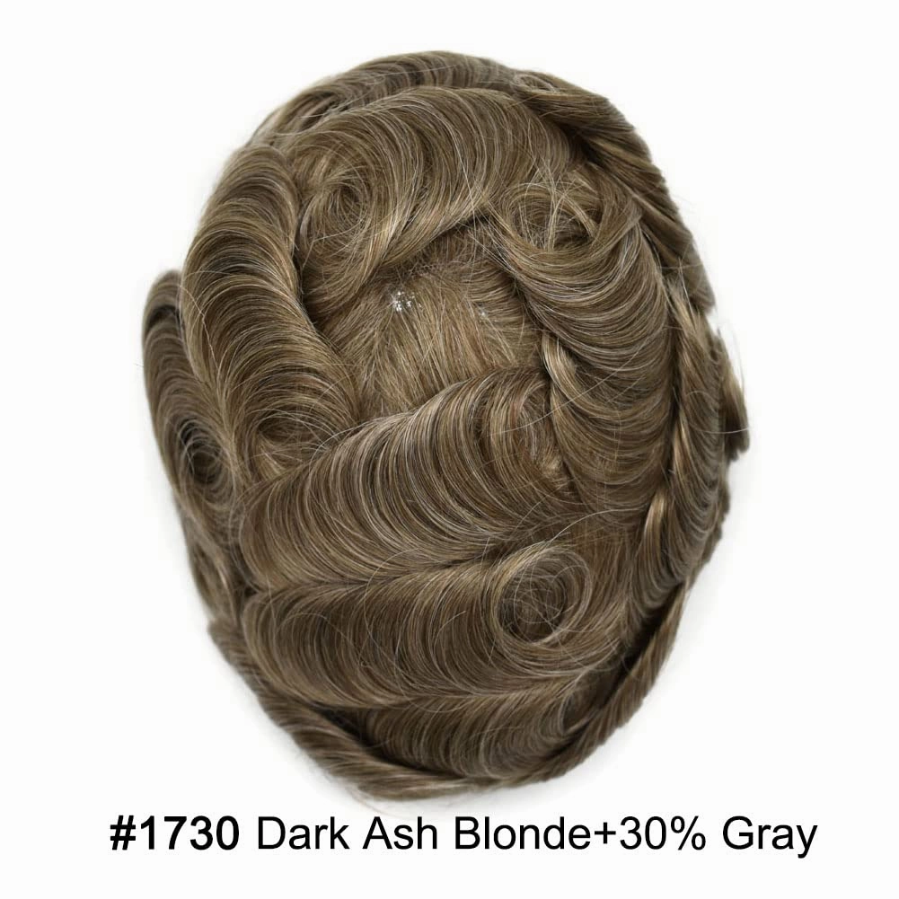 Toupee For Men Hair Replacement System Real Human Hair Piece For Men Swiss Lace Mens Toupee Hair System For Men 8x10 100% light to medium density#1730 17# DARK ASH BLONDE 30% GREY