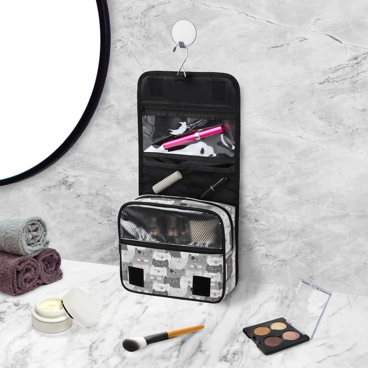 Travel Toiletry Bag for Women with Hanging Hook, Waterproof Makeup Cosmetic Bag Organizer Toiletries Bag for Travel Size Container,Accessories,Shampoo,Brushes Tools (Cute Cat)