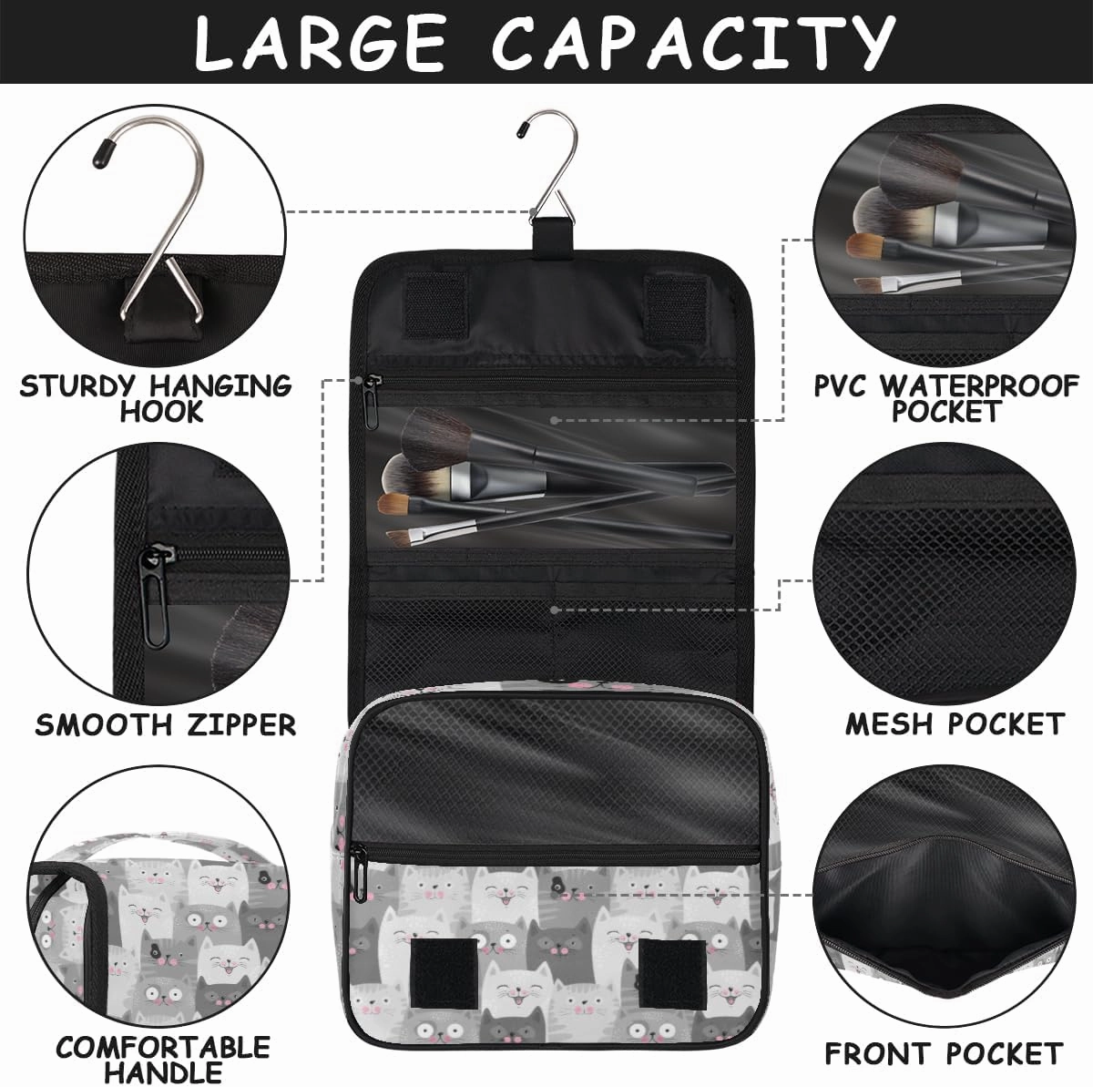 Travel Toiletry Bag for Women with Hanging Hook, Waterproof Makeup Cosmetic Bag Organizer Toiletries Bag for Travel Size Container,Accessories,Shampoo,Brushes Tools (Cute Cat)