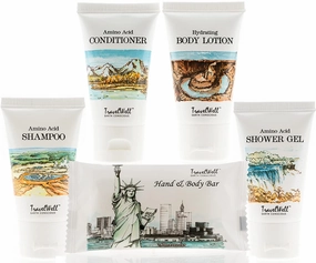 Travelwell Landscape Series Hotel Toiletries Amenities Travel Size Massage Cleaning Soaps In Bulk 1.0oz/28g,30ml Shampoo, Conditioner,Body Lotion, Body Wash, Individually Wrapped 25 Set