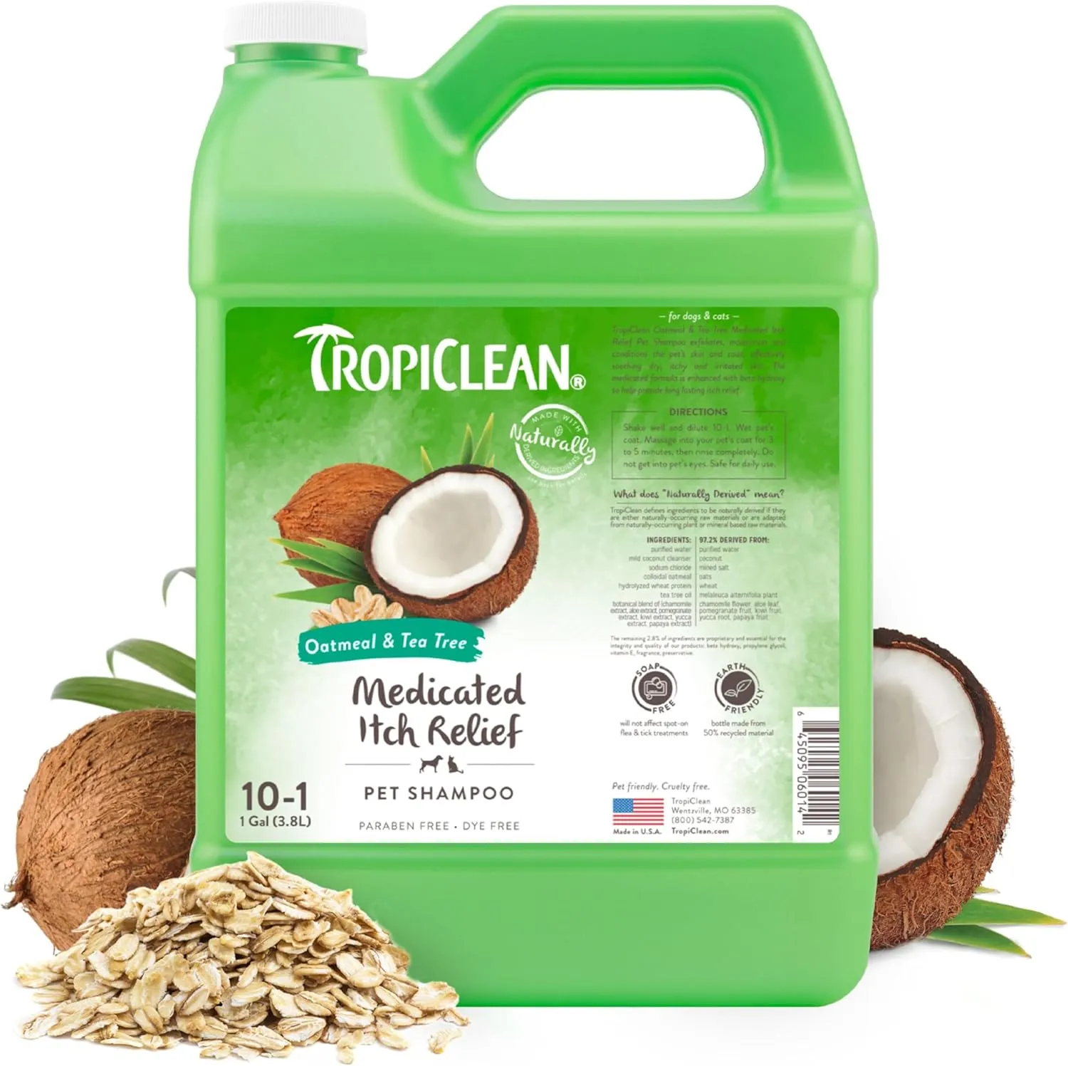 TropiClean Oatmeal Dog Shampoo for Itchy Skin Relief, Professional Dog Shampoo, Soothing Medicated Itch Relief, Puppy Safe, Made in USA, 1 Gallon