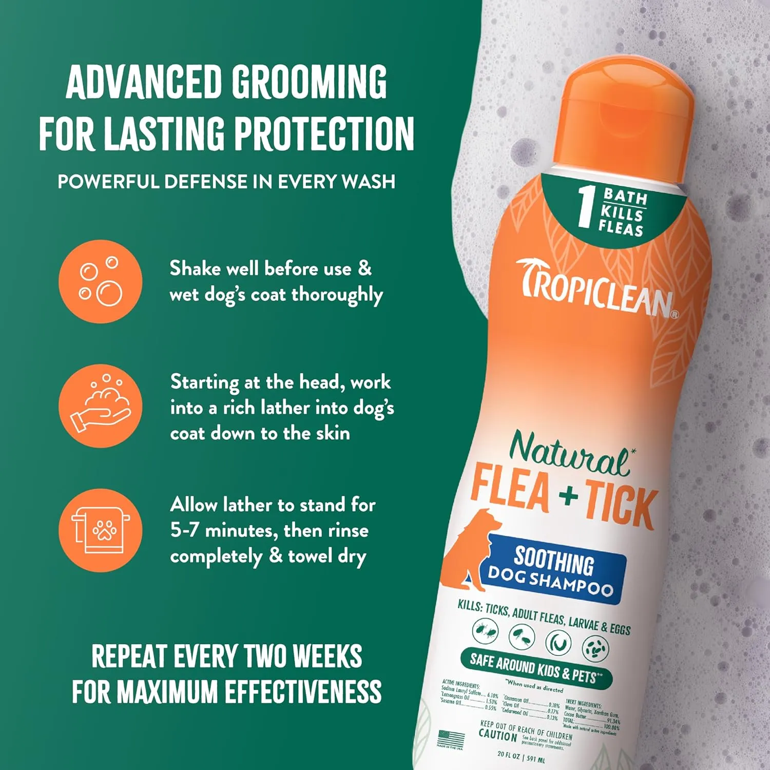 TropiClean Soothing Flea and Tick Shampoo Treatment for Dogs, Powerful & Natural Defense, Prevention for Large & Small Dogs, Made in USA, 20oz