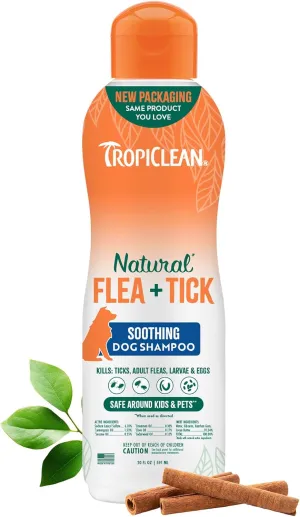 TropiClean Soothing Flea and Tick Shampoo Treatment for Dogs, Powerful & Natural Defense, Prevention for Large & Small Dogs, Made in USA, 20oz
