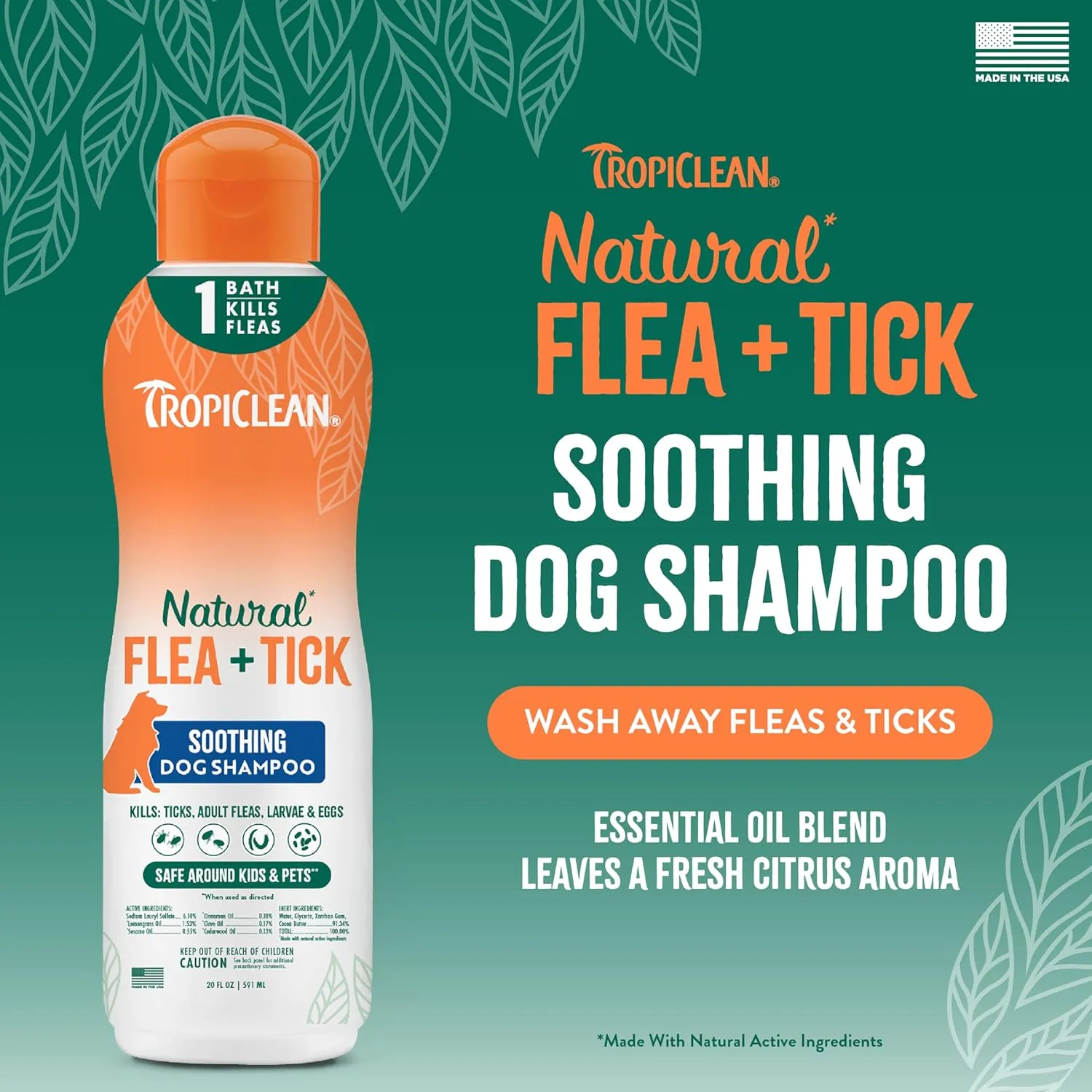 TropiClean Soothing Flea and Tick Shampoo Treatment for Dogs, Powerful & Natural Defense, Prevention for Large & Small Dogs, Made in USA, 20oz
