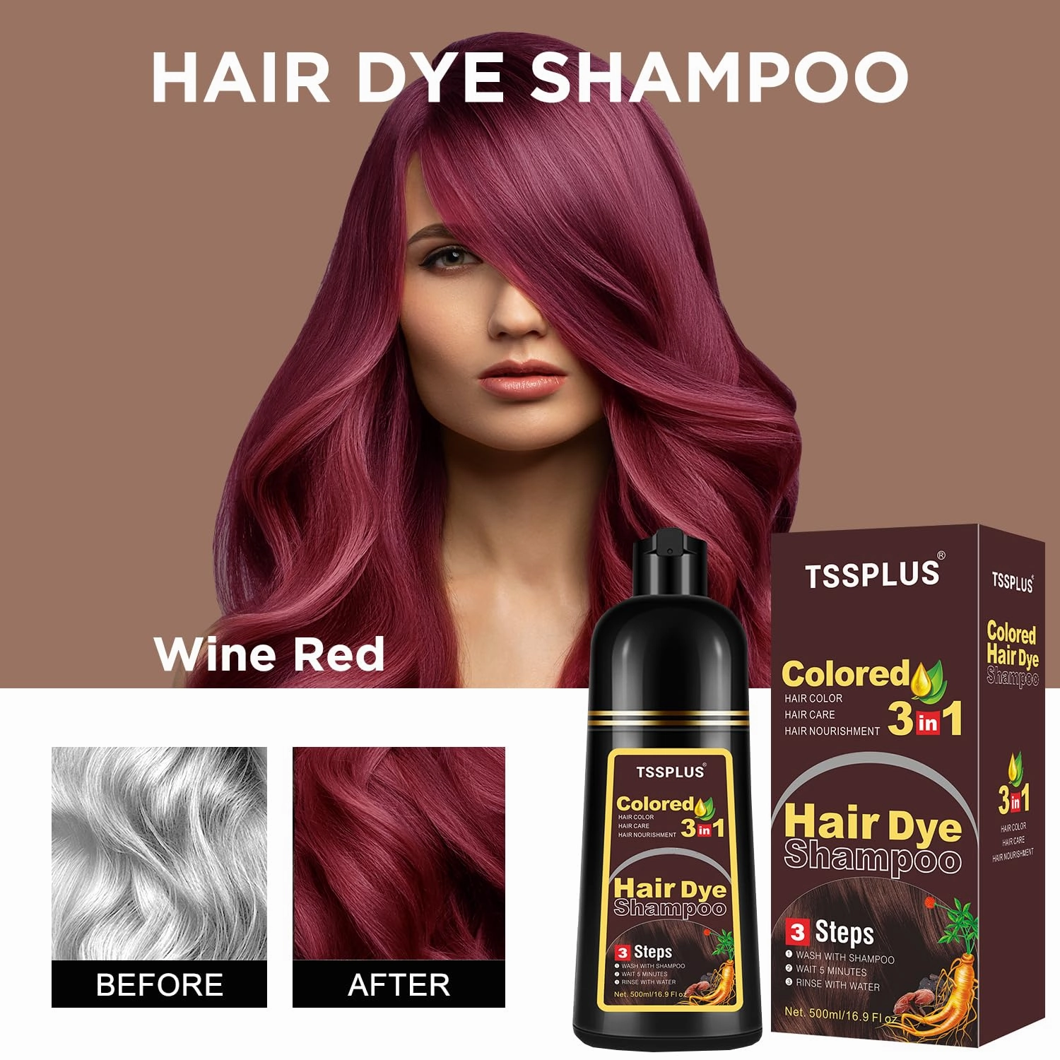 TSSPLUS 500ml Organic Natural Plant Essence Hair Color Shampoo - Cover Gray/White Hair, Instant Coloring for Women & Men (Wine Red2)