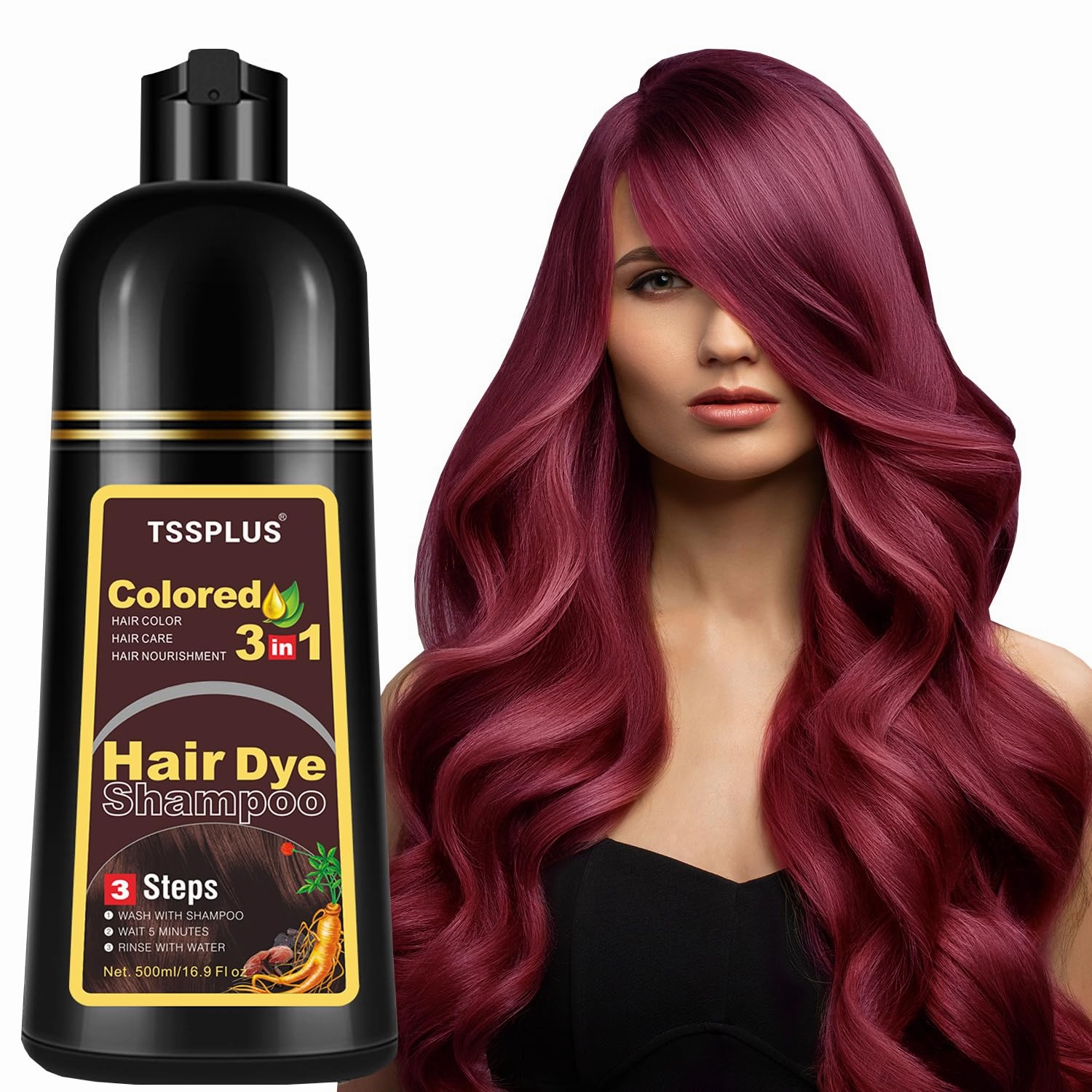 TSSPLUS 500ml Organic Natural Plant Essence Hair Color Shampoo - Cover Gray/White Hair, Instant Coloring for Women & Men (Wine Red2)