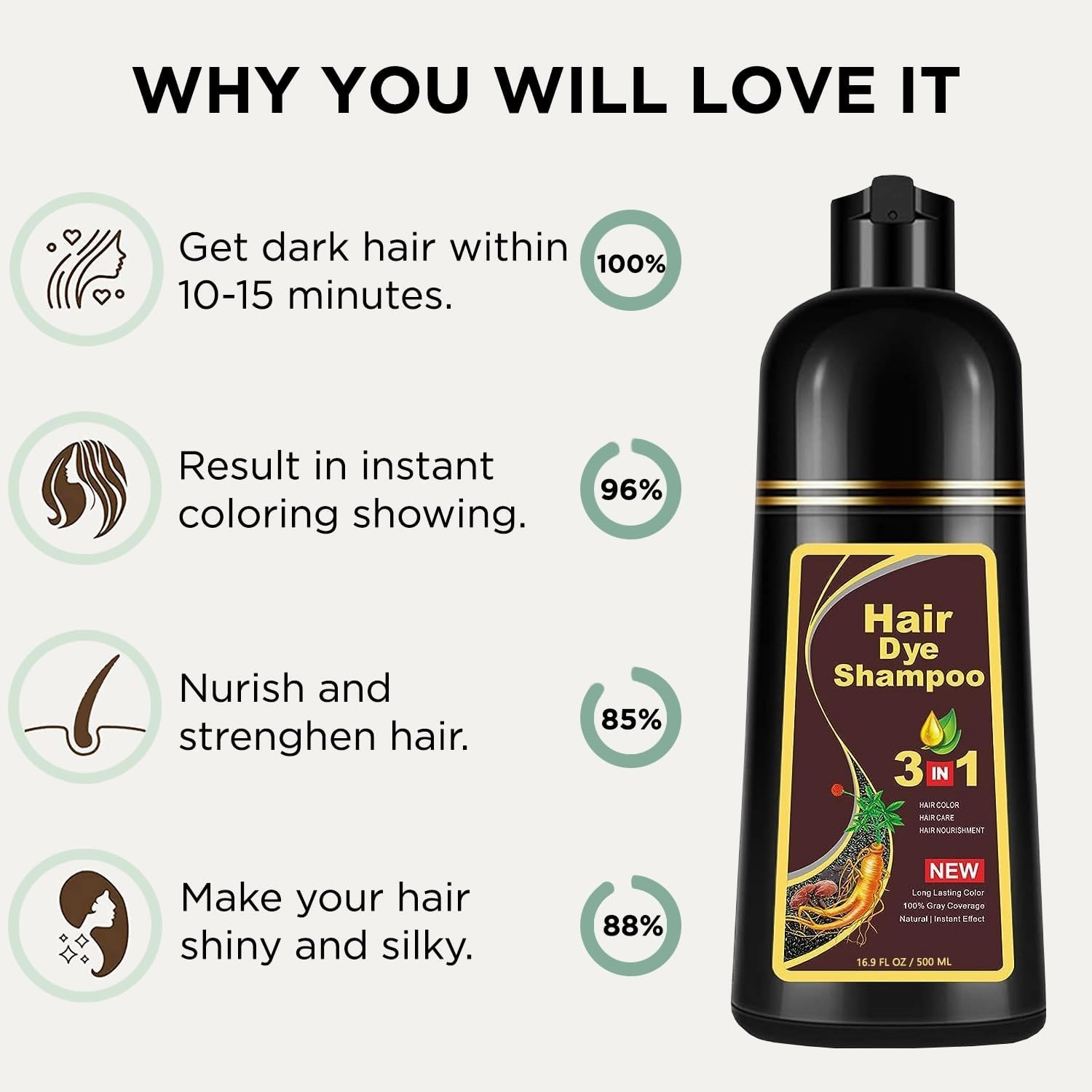 TSSPLUS Professional Herbal Hair Color and Dye Shampoo - Instant Black for Men (Light Brown)