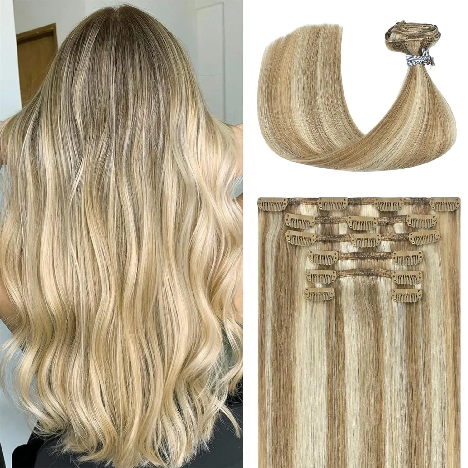 Ukira Blonde Hair Extensions Clip in Real Human Hair - 15 Inch 70g 7pcs Light Highlighted Bleach Blonde, Natural Straight Seamless Clip-ins