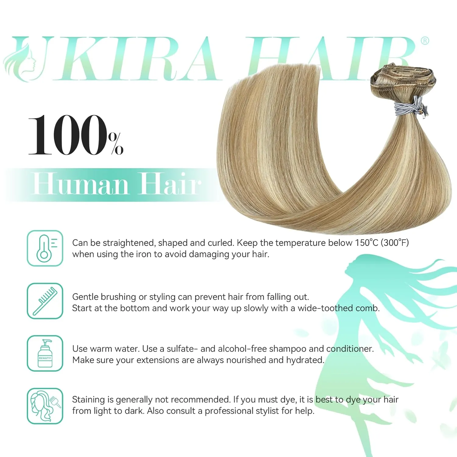 Ukira Blonde Hair Extensions Clip in Real Human Hair - 15 Inch 70g 7pcs Light Highlighted Bleach Blonde, Natural Straight Seamless Clip-ins