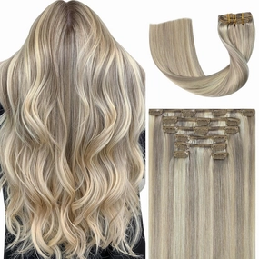 Ukira Ash Blonde Hair Extensions Real Human Hair, 18 Inch 70g 7pcs 18/613 Mixed Bleach Blonde Clip in Hair Extensions Human Hair, Soft Natural Straight Remy Human Hair Clip in Extensions for Women